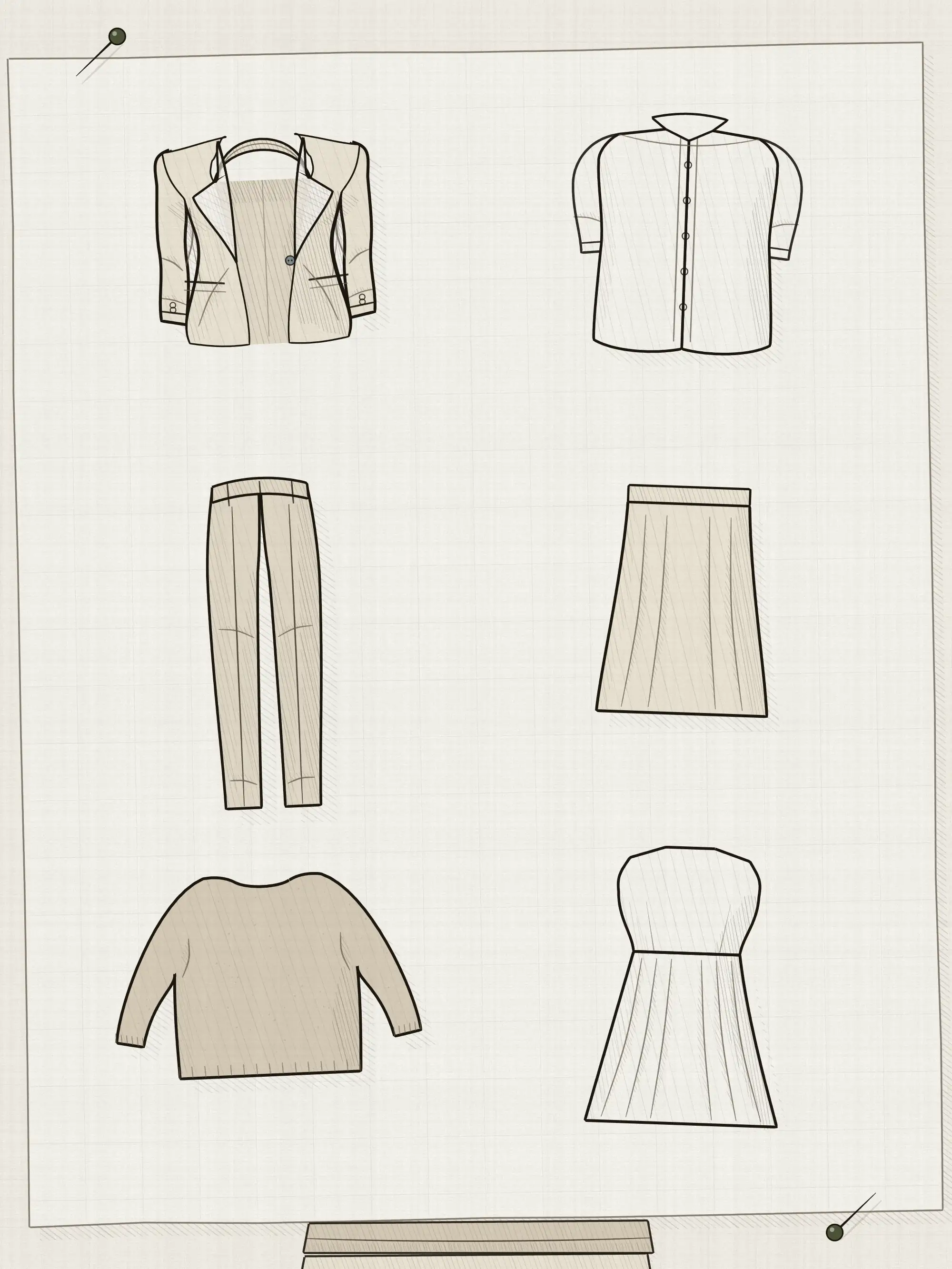 A workwear capsule laid out on a large sheet as a plan: a jacket, shirt, trousers, skirt, knit and dress arranged in two columns with folded pieces at the foot.