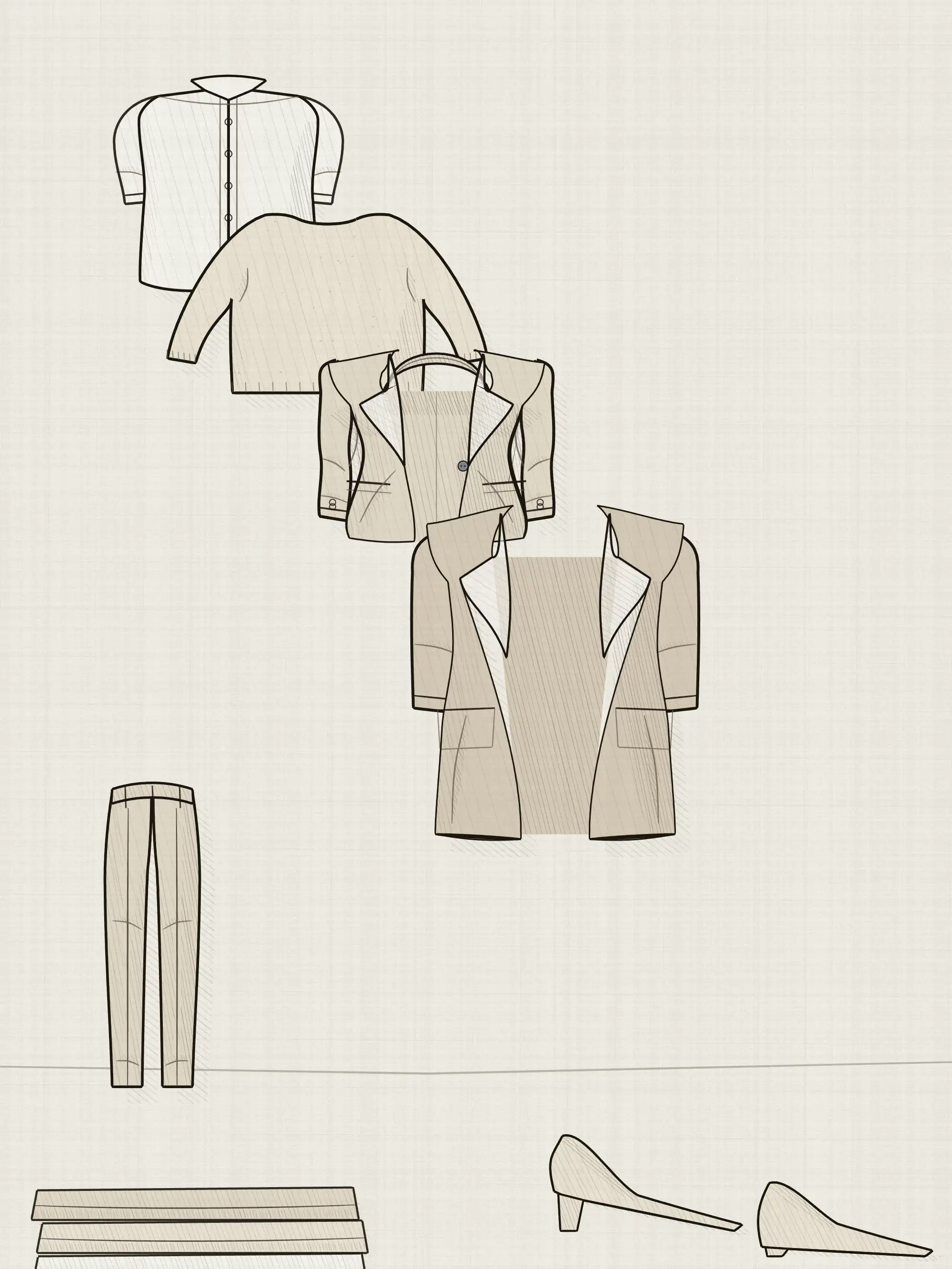 Layers overlapping down a diagonal from a light shirt through a knit and jacket to a coat, with trousers, folded pieces and shoes across the lower corner.