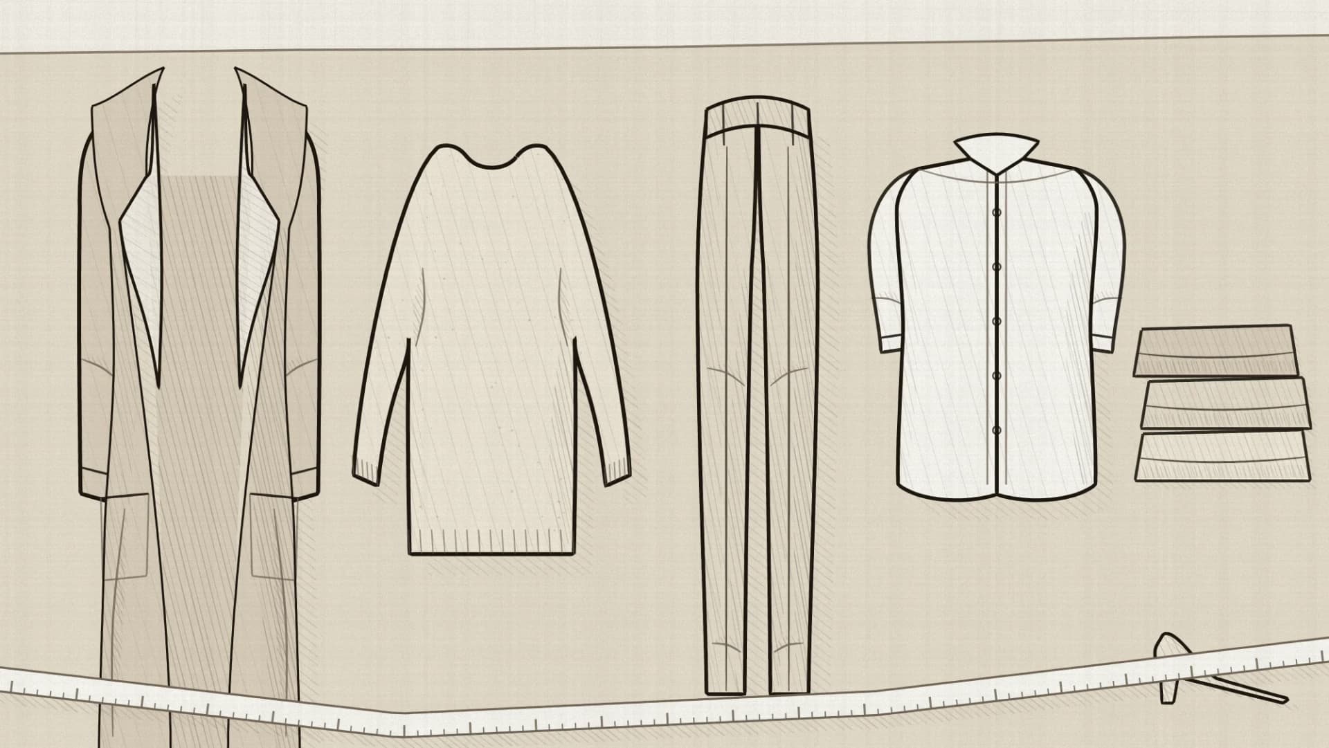 A season laid out flat and read across: a coat, a knit, trousers and a shirt overlapping in a row, closing with a folded stack, a shoe and a tape measure.