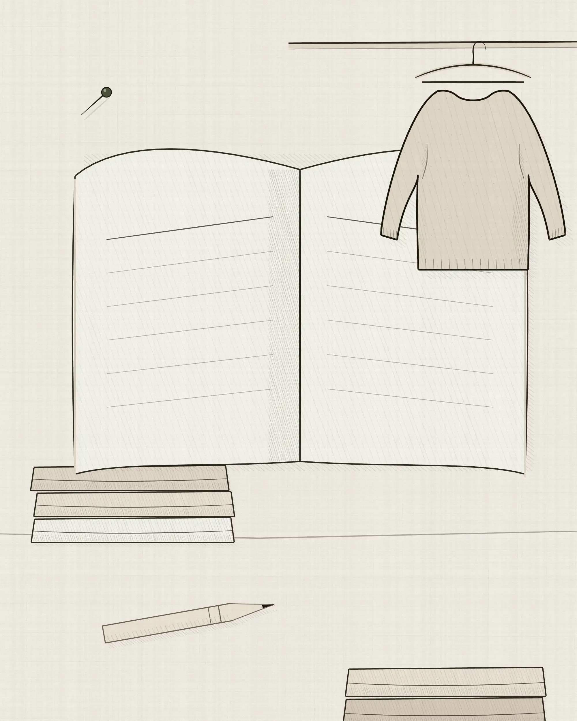 A bound capsule workbook lying open with its ruled pages empty, a folded stack of clothes beside it and a knit hanging on a rail behind.