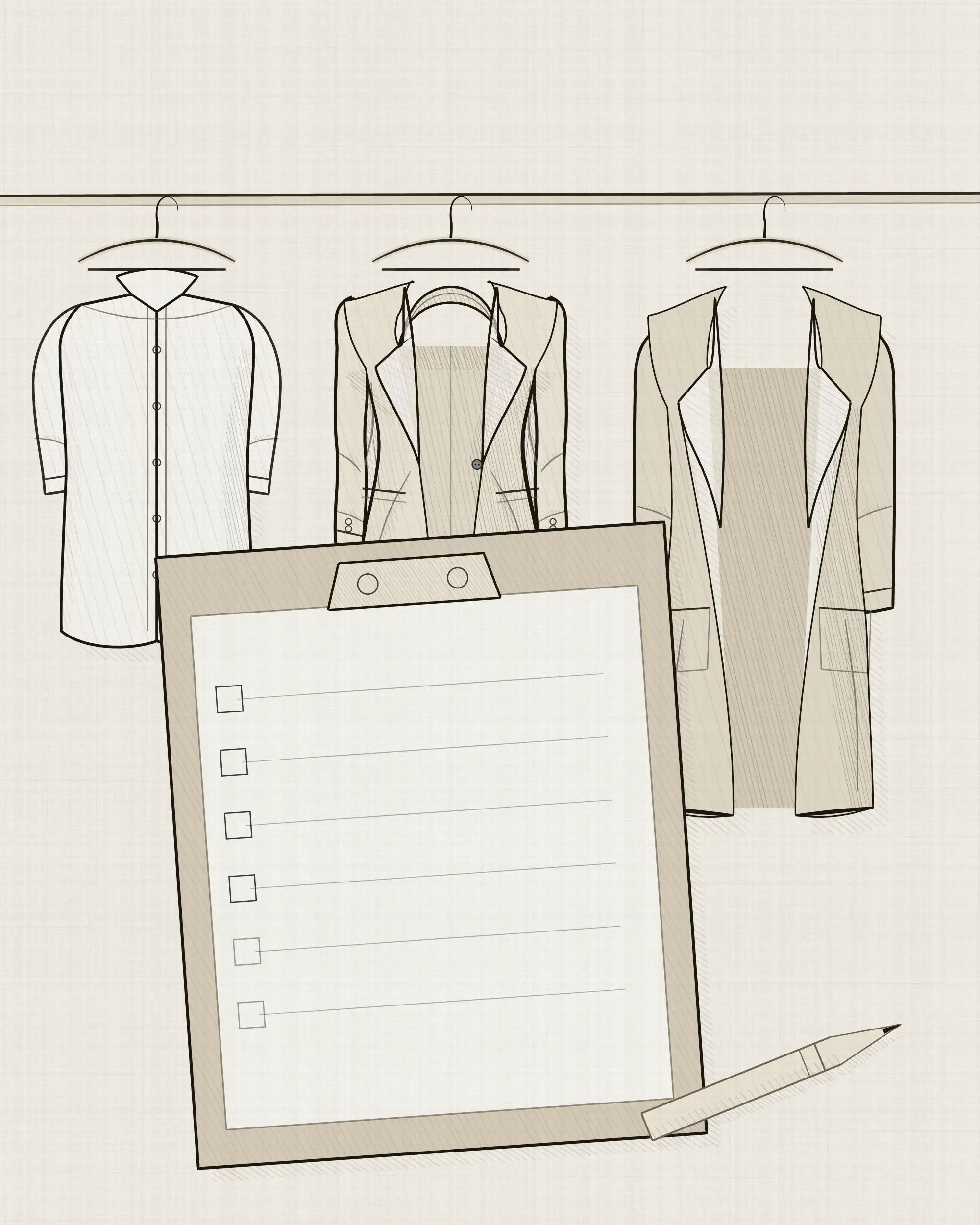 A clipboard held in front of a hanging rail, its checklist boxes part ticked and the rest still empty, with a shirt, a jacket and a coat behind it.