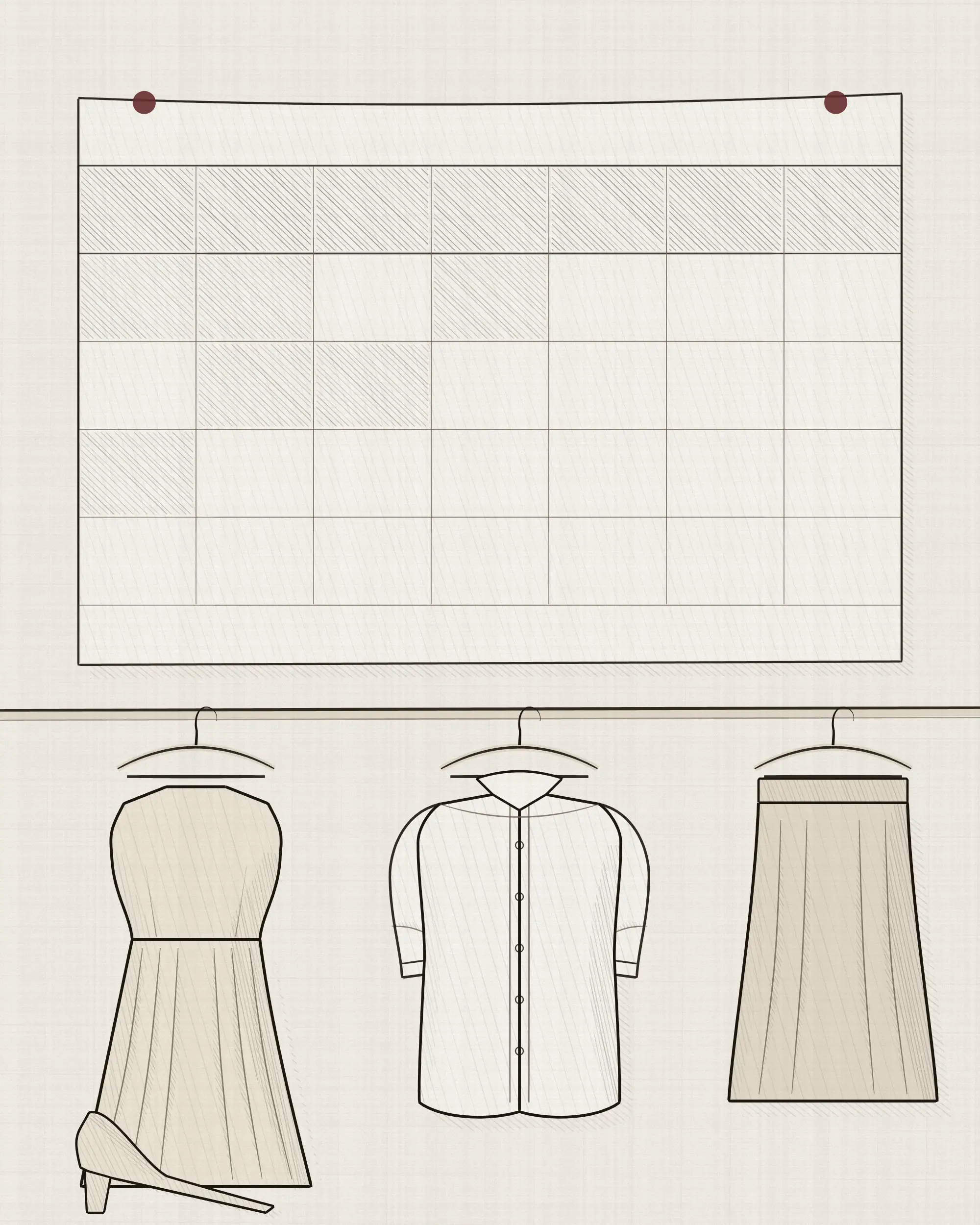 A month planning grid pinned to a wall with most cells still empty, and a rail of a dress, a shirt and a skirt hanging directly beneath it.