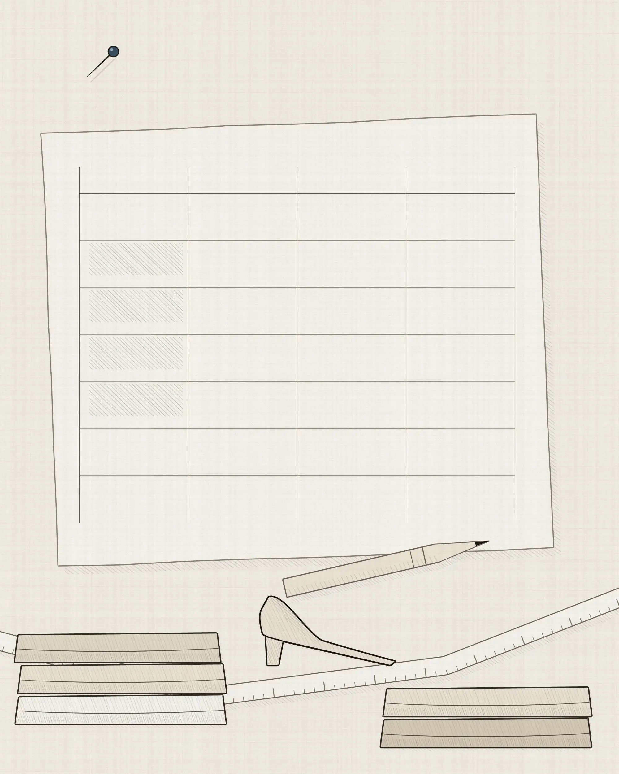 A wardrobe planning sheet ruled into columns on a desk, about half its rows filled in, with a pencil across it and folded clothes and a shoe around it.
