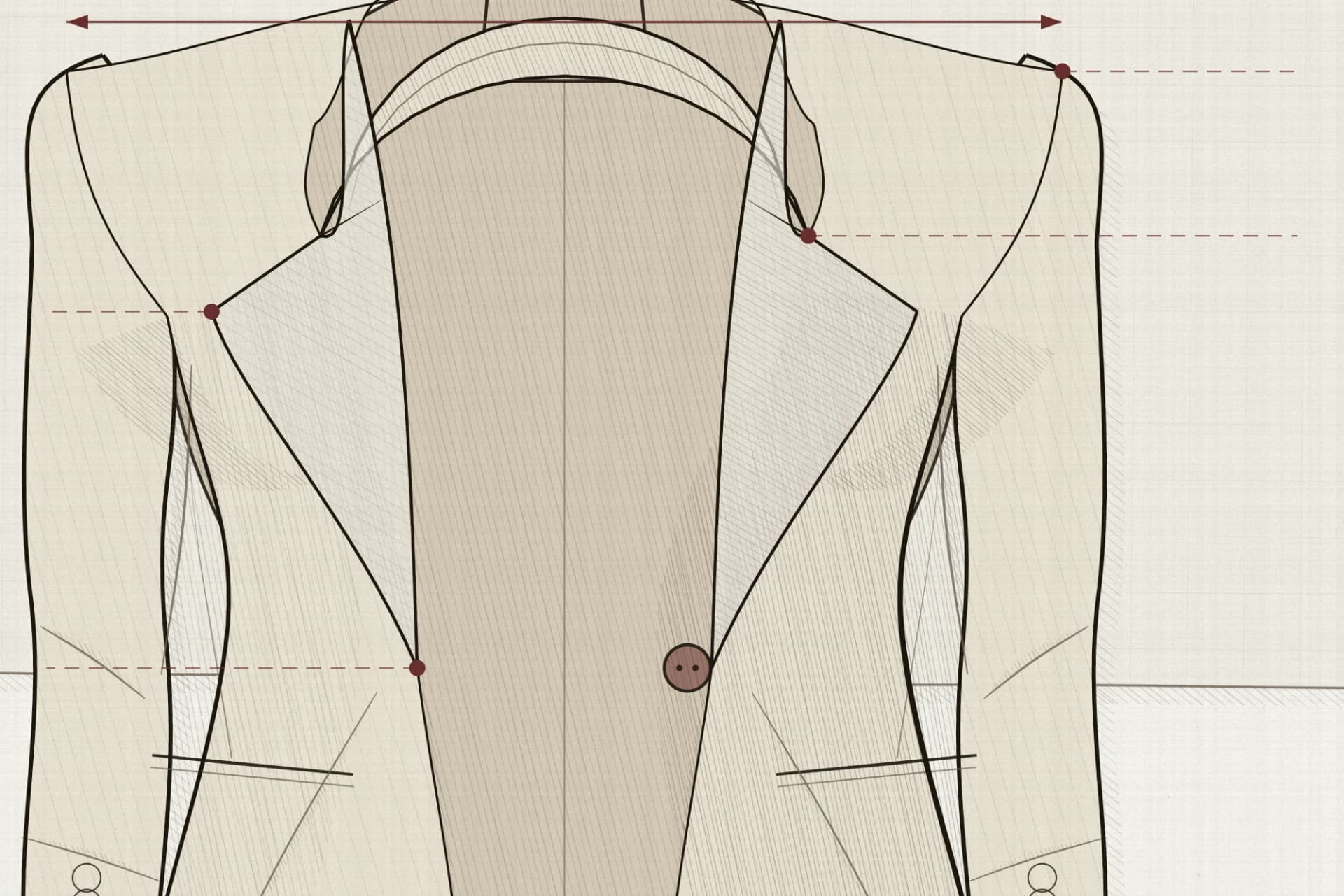 A tailored jacket seen close enough to read its construction, with the shoulder point, gorge, lapel point and button marked and the shoulder width measured across the top.