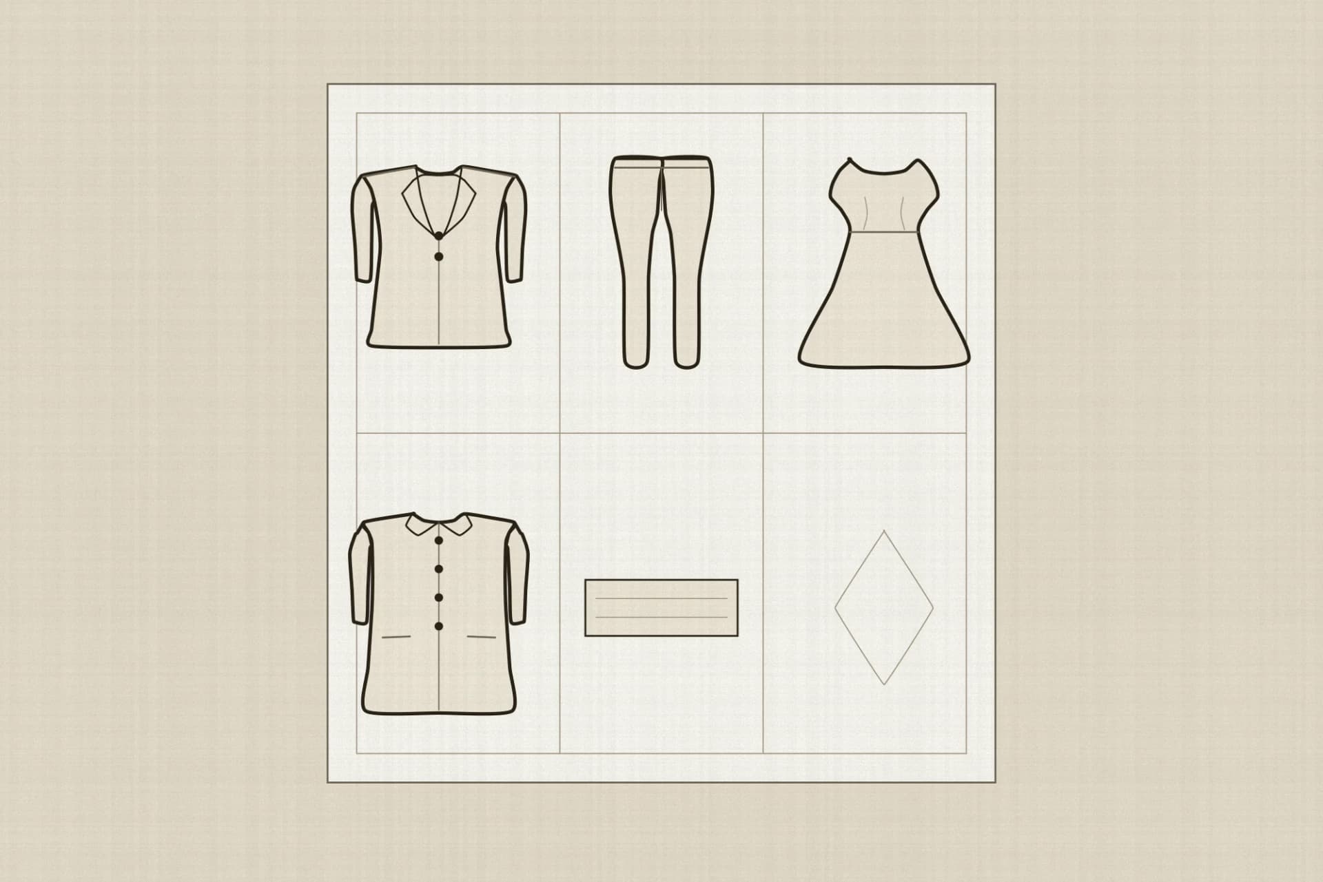 A ruled stocktake sheet divided into six cells, five holding drawn garments and the sixth left empty with a thin circle marking the empty space.