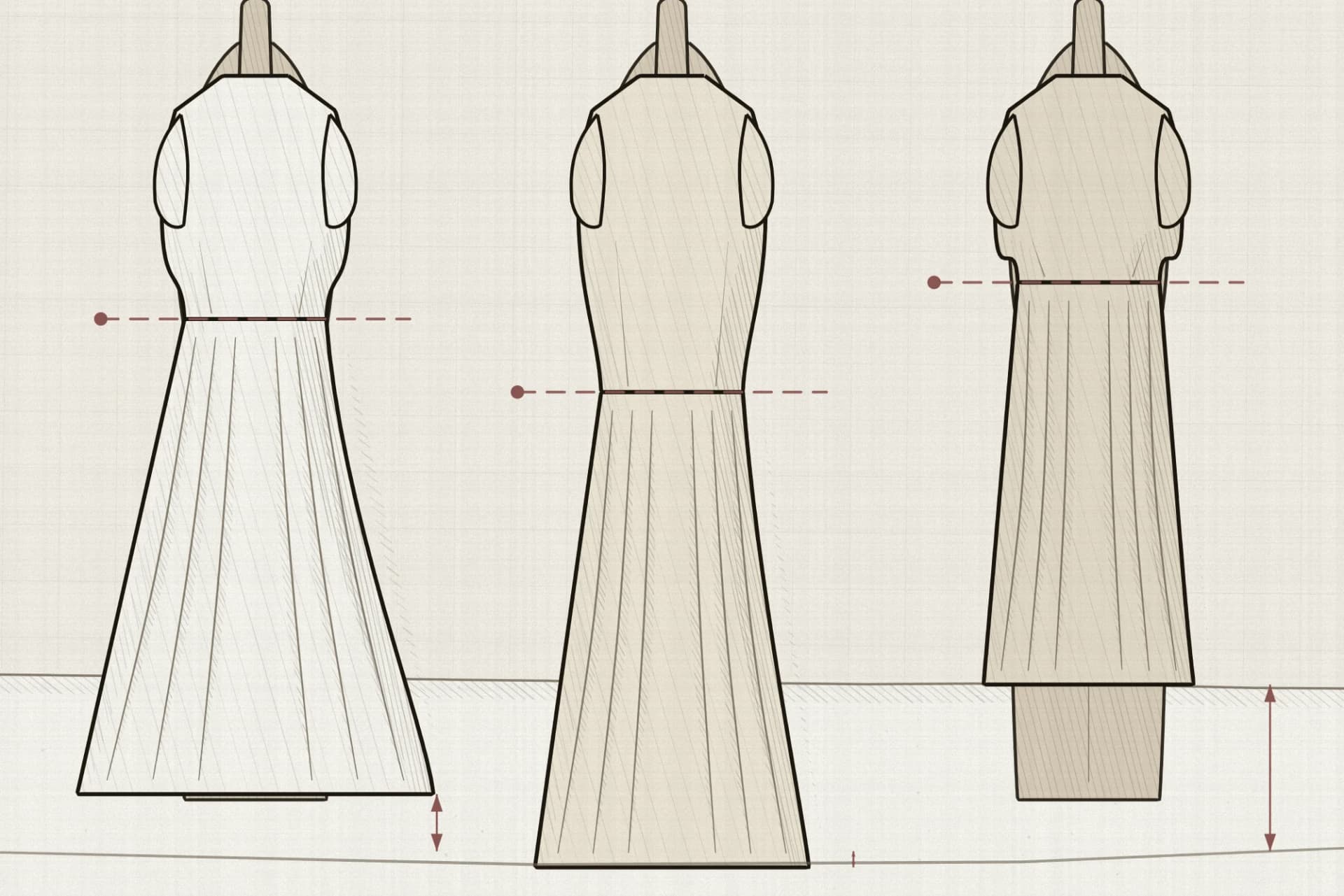 Three dresses on stands side by side, each with its waist seam at a different height and its skirt cut to a different width, with every hem measured down to one shared floor line.