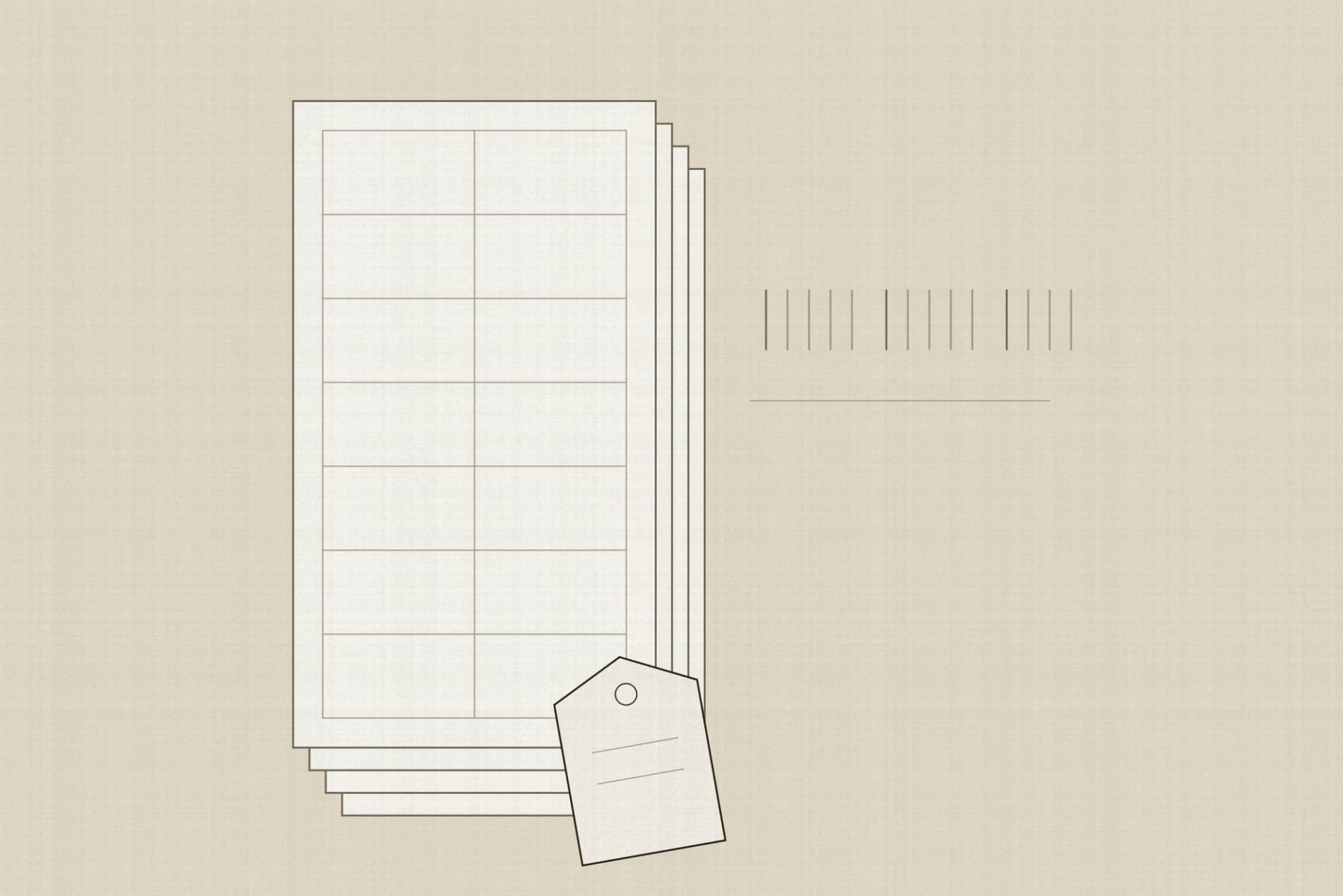A stack of ruled research sheets with every row left empty, beside a tally of fourteen strokes, with a blank swing tag lying flat at the foot of the stack.