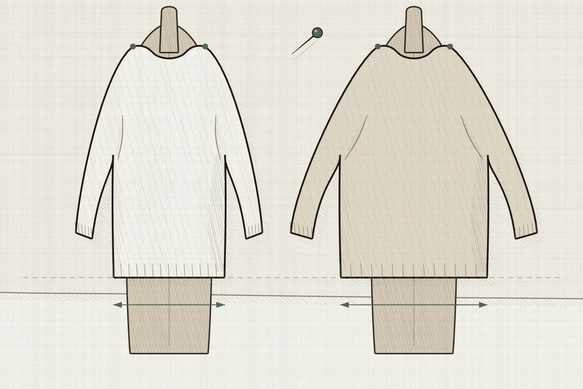 Two display torsos wearing the same knit at two volumes, the wider one dropping further off the shoulder, with both hems on one ruled line and each body width measured beneath it.