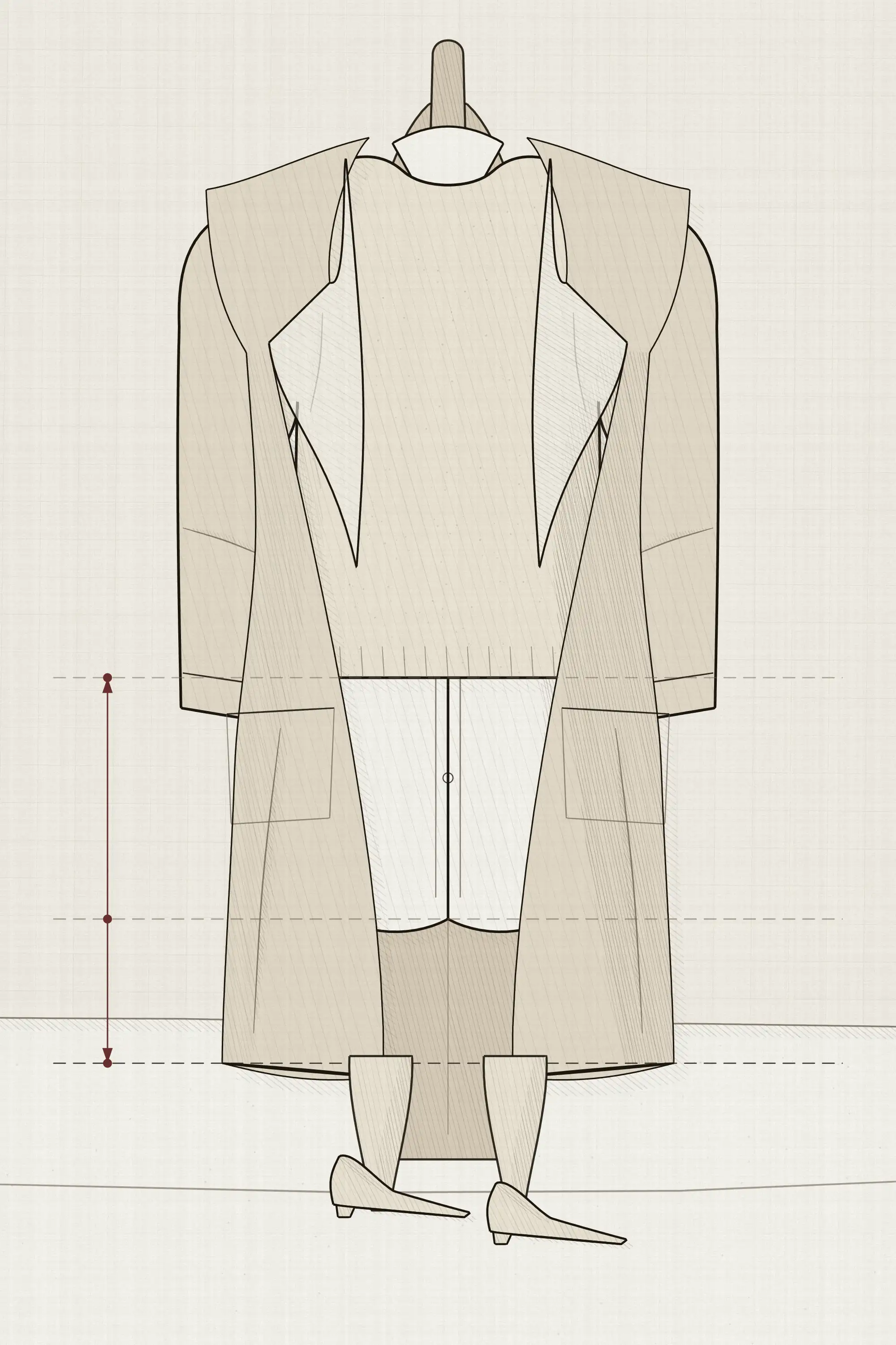 A stand wearing a shirt under a knit under an open coat, with the three hems ruled across the plate at three different heights and the distance between the shortest and longest measured.