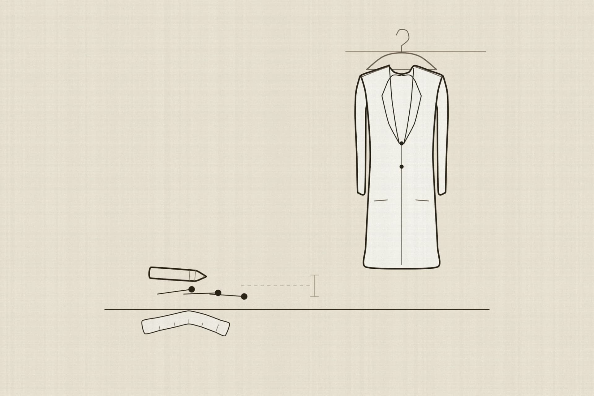A finished tailored jacket hanging at one side while a tailoring kit of three pins, a pencil and a coiled tape measure lies unused on the table, with a short ruled line stopping well before the garment.