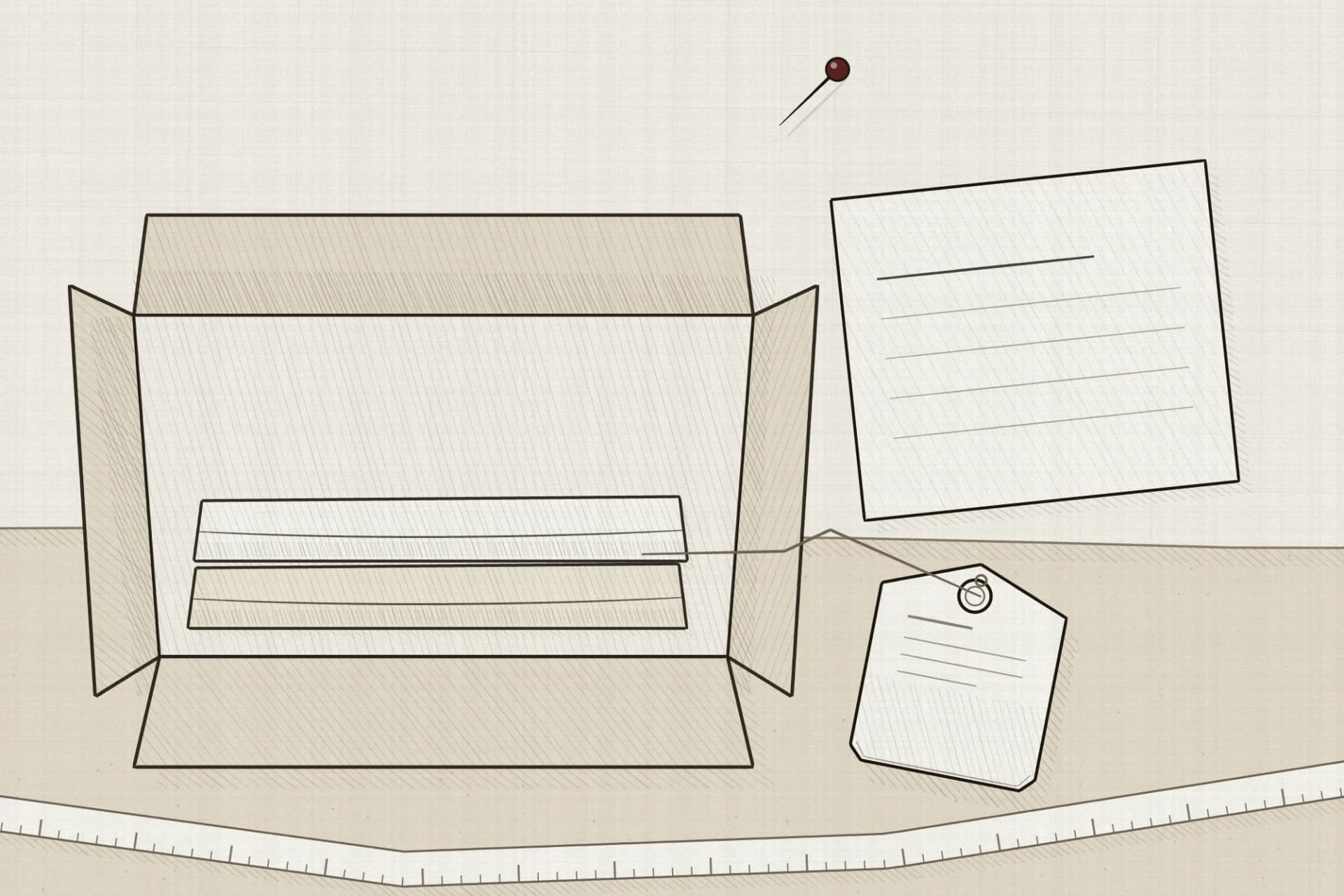 An open carton with its flaps folded back and a folded garment going back into it, a blank ruled docket beside it and a swing tag still attached on its string.
