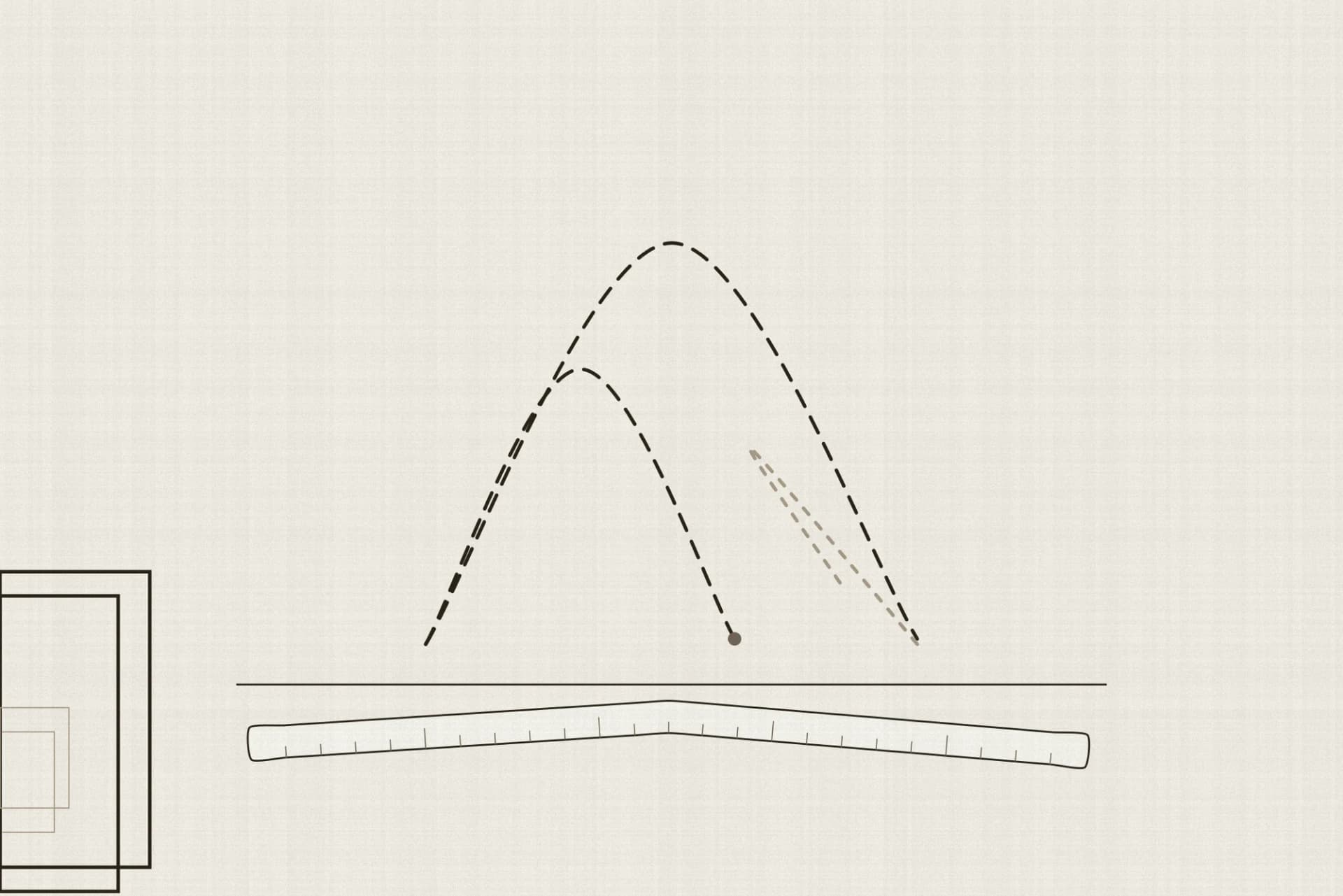 Two wrapped parcels at opposite ends of a counter with three dashed courier routes arcing between them. One route completes the crossing, one stops short at a dot, and one turns back, with a tape measure along the counter edge.