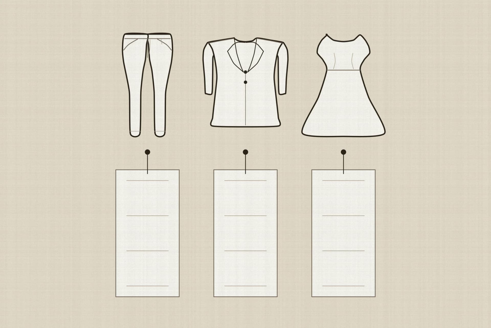 Three small ruled list sheets pinned in a row, each hanging beneath a different garment: a jean, a tailored jacket and a dress. Every ruled line on the sheets is blank.