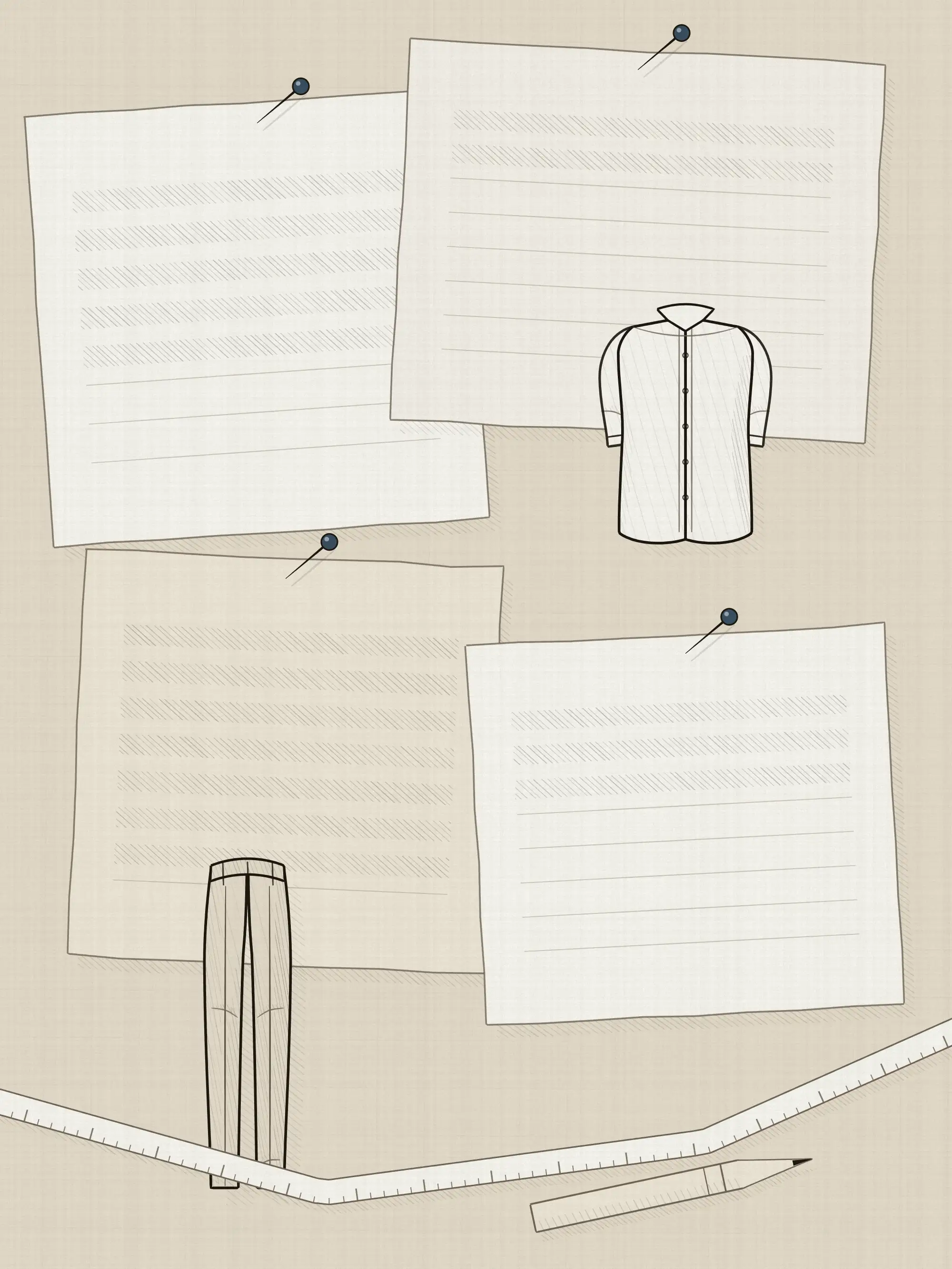 A pinboard of overlapping research sheets, some rows filled in and most left blank, with a shirt and a trouser pinned among the paper and a tape measure across the foot.