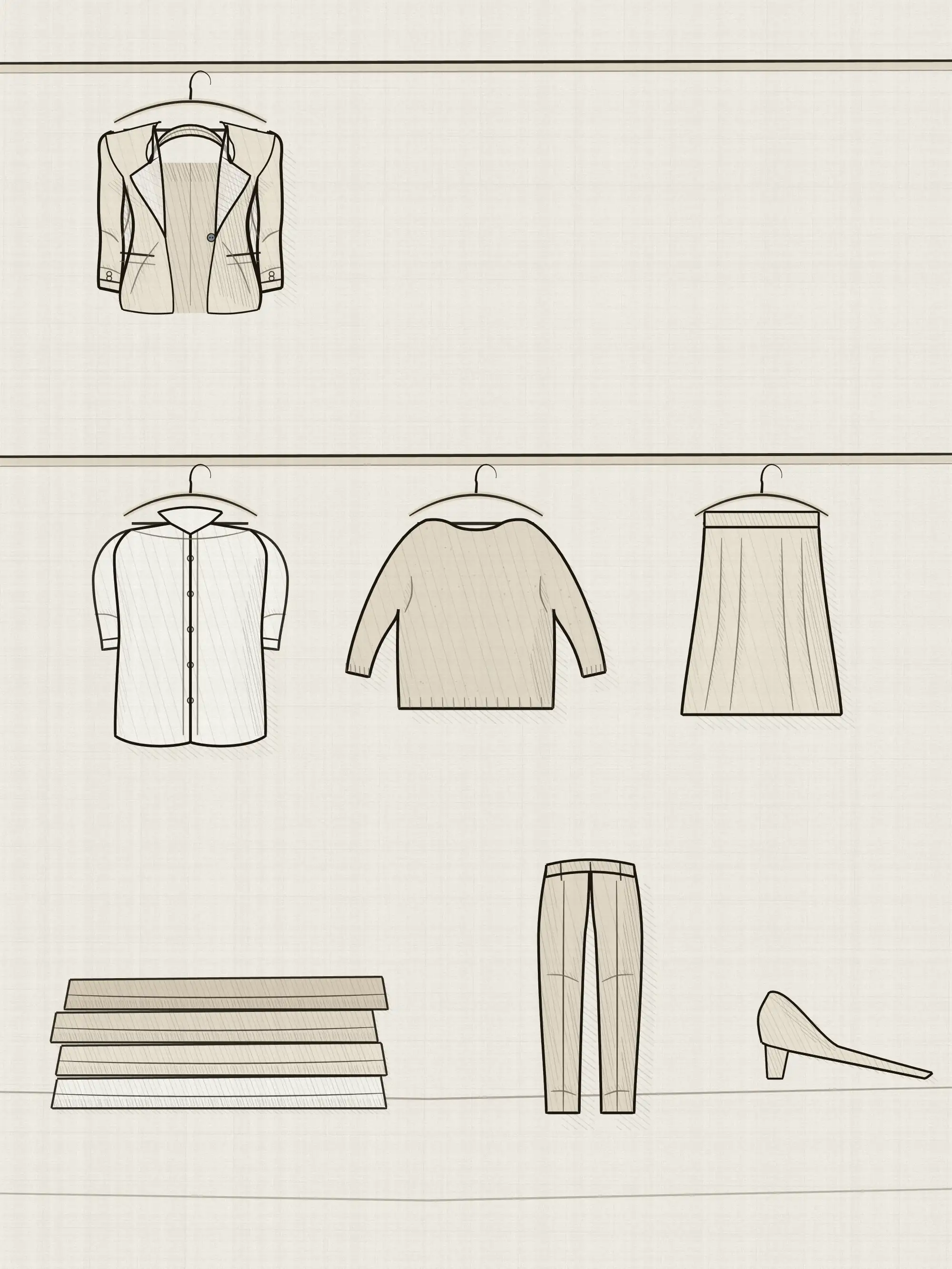 A capsule wardrobe being assembled in three stages down the frame: a single jacket, then three coordinated pieces, then the finished set with folded support and shoes.