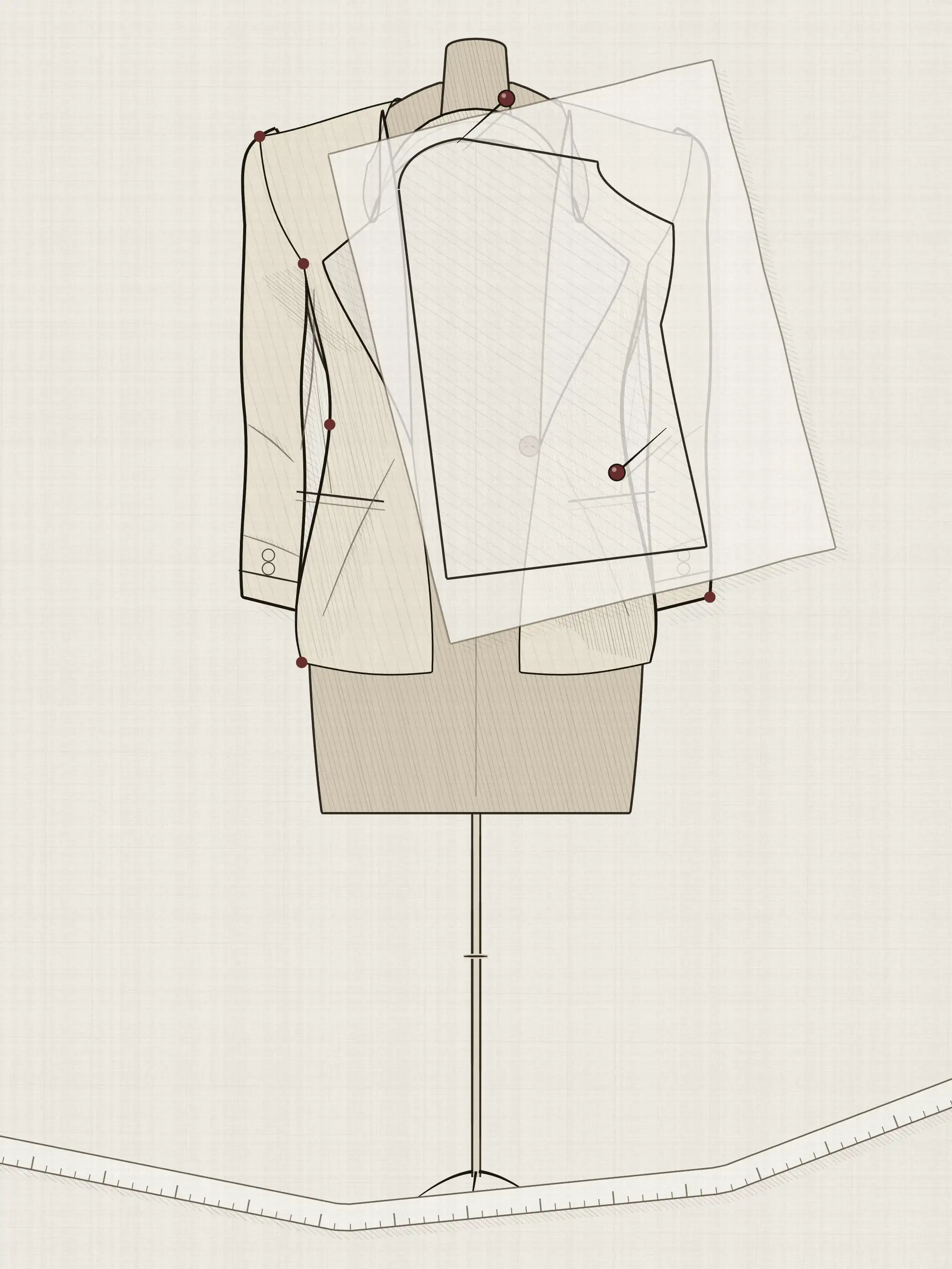 A jacket front pattern piece pinned onto the finished jacket it produced, on a stand, with the shoulder, underarm, waist, cuff and hem points marked on the garment.