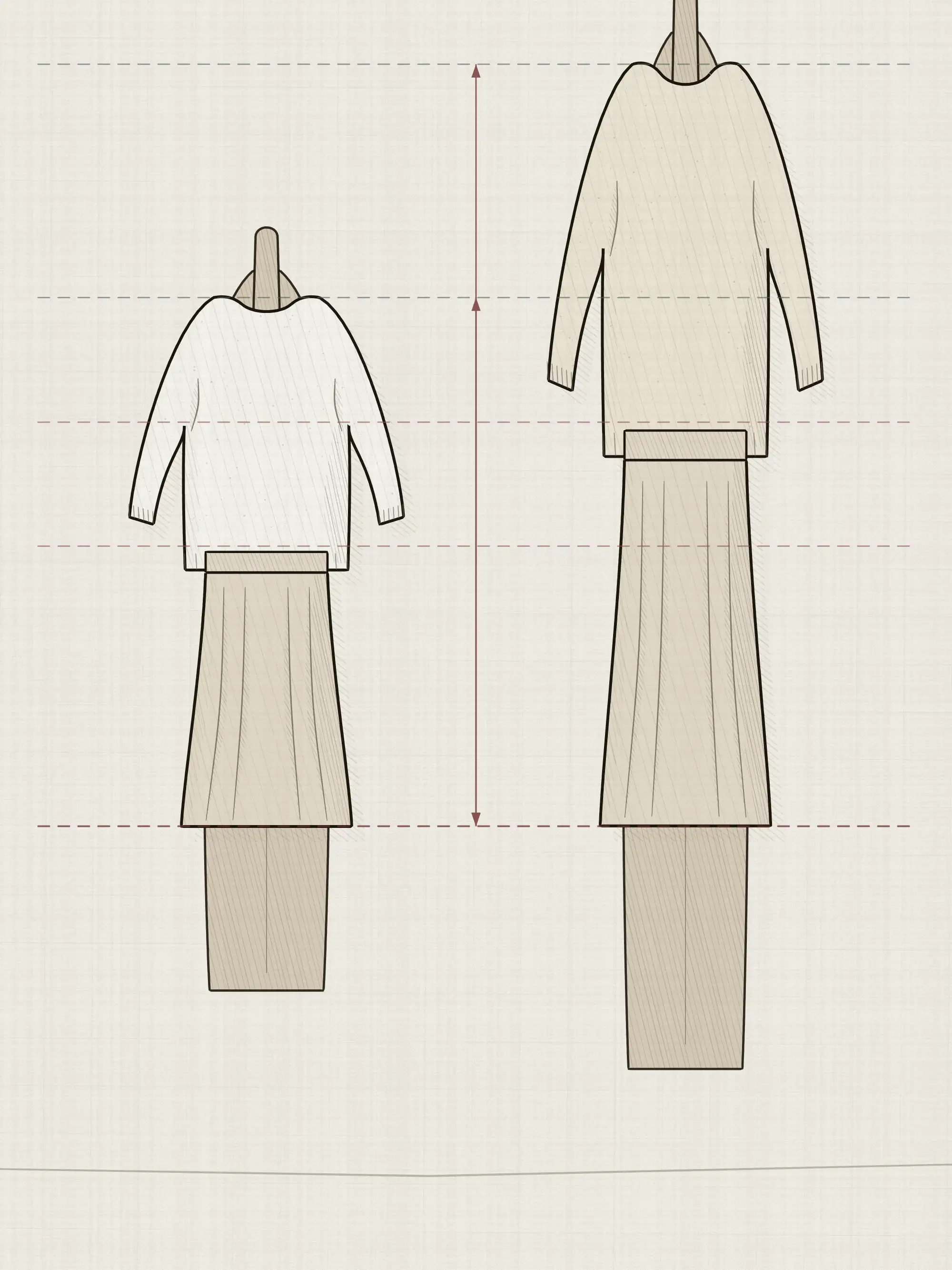 The same knit and skirt shown on two display stands of different heights, with the shoulder, waist and hem of each marked so the same clothes fall at different points on the two frames.