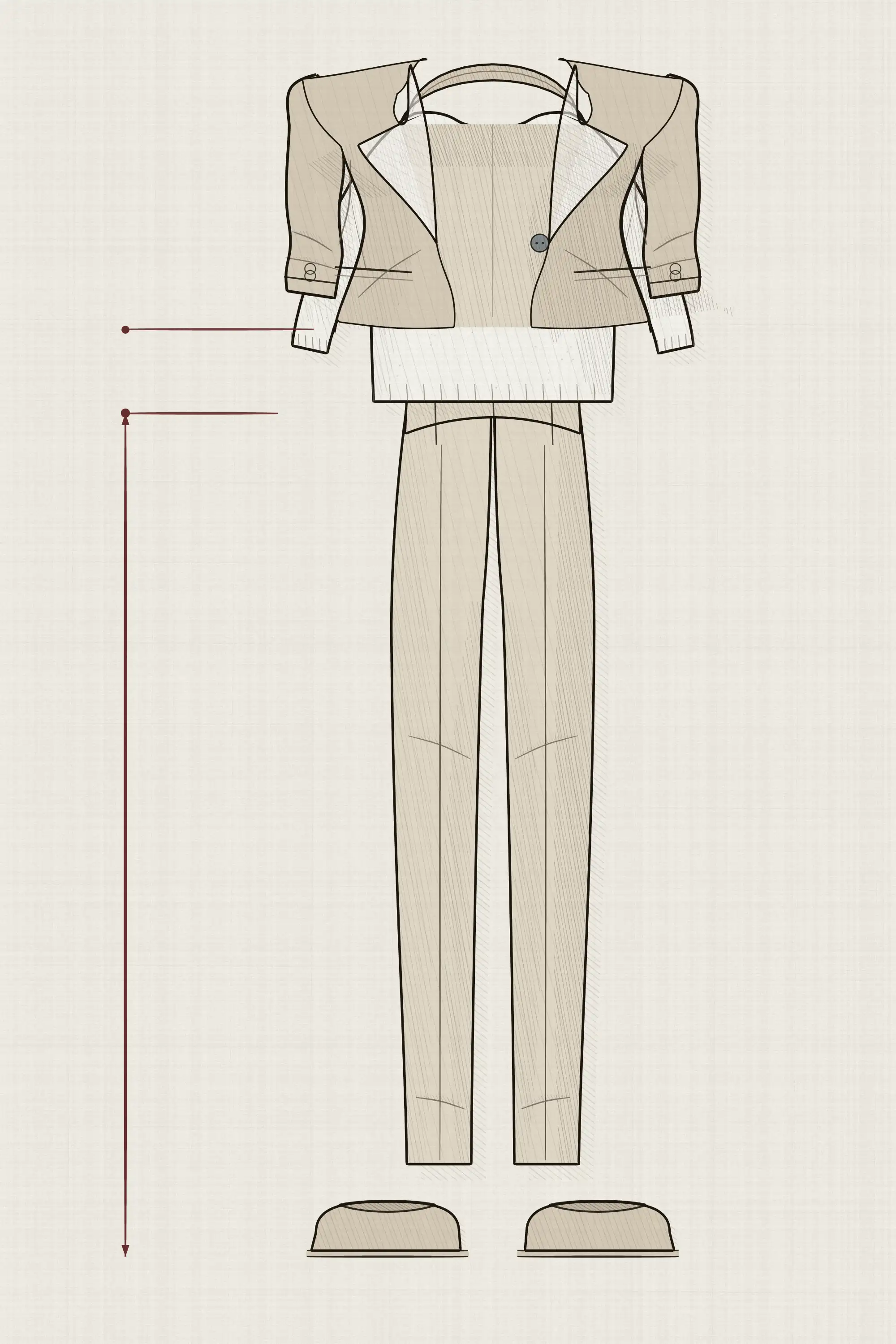 A cropped jacket ending above the waistband of full-length high-rise trousers, with the leg measured as one unbroken run from the waistband to the floor.