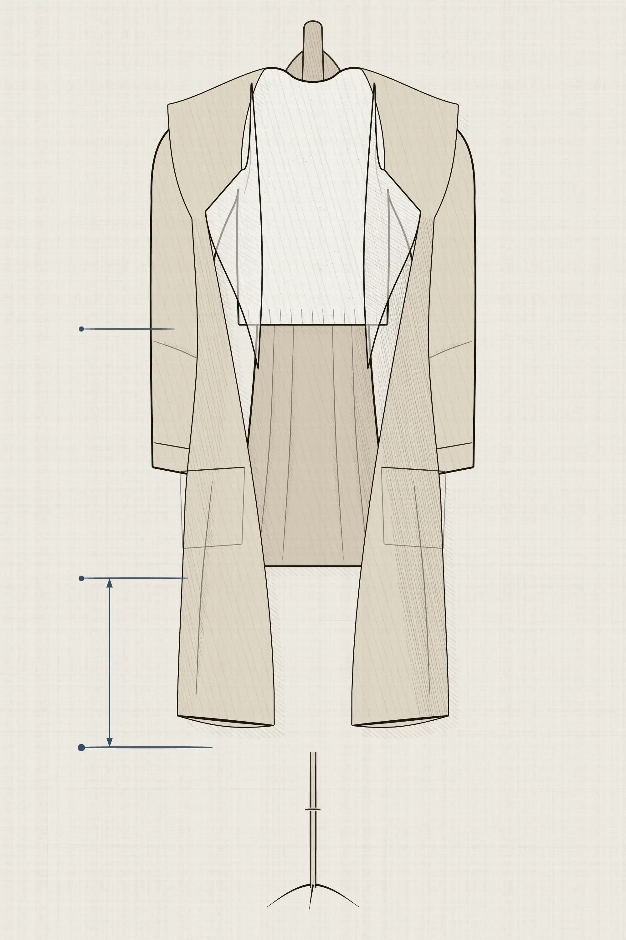 A long open coat over a cropped knit and a column skirt, with the three hems marked and the clear gap between the skirt hem and the much lower coat hem measured.
