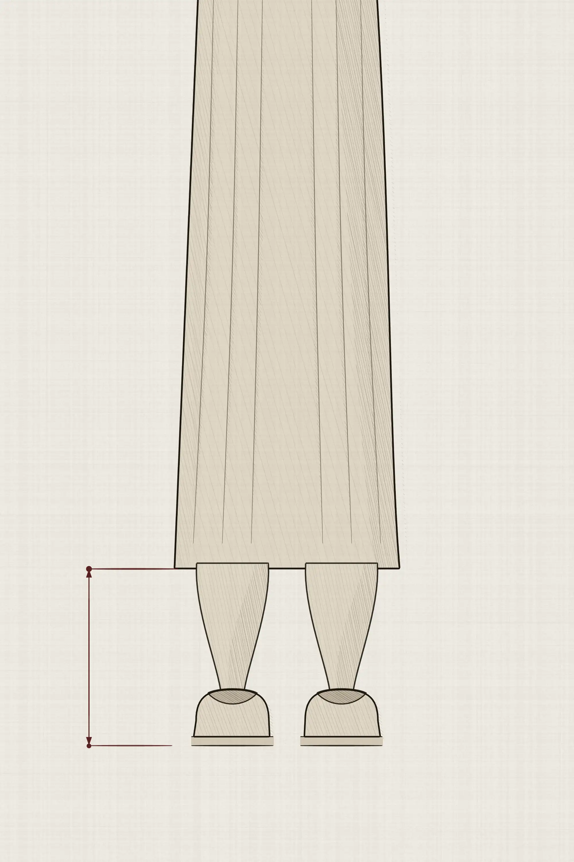The hem of a column dress meeting a shoe in the same tone, with the leg between them carrying that tone too so no horizontal edge appears at the ankle.