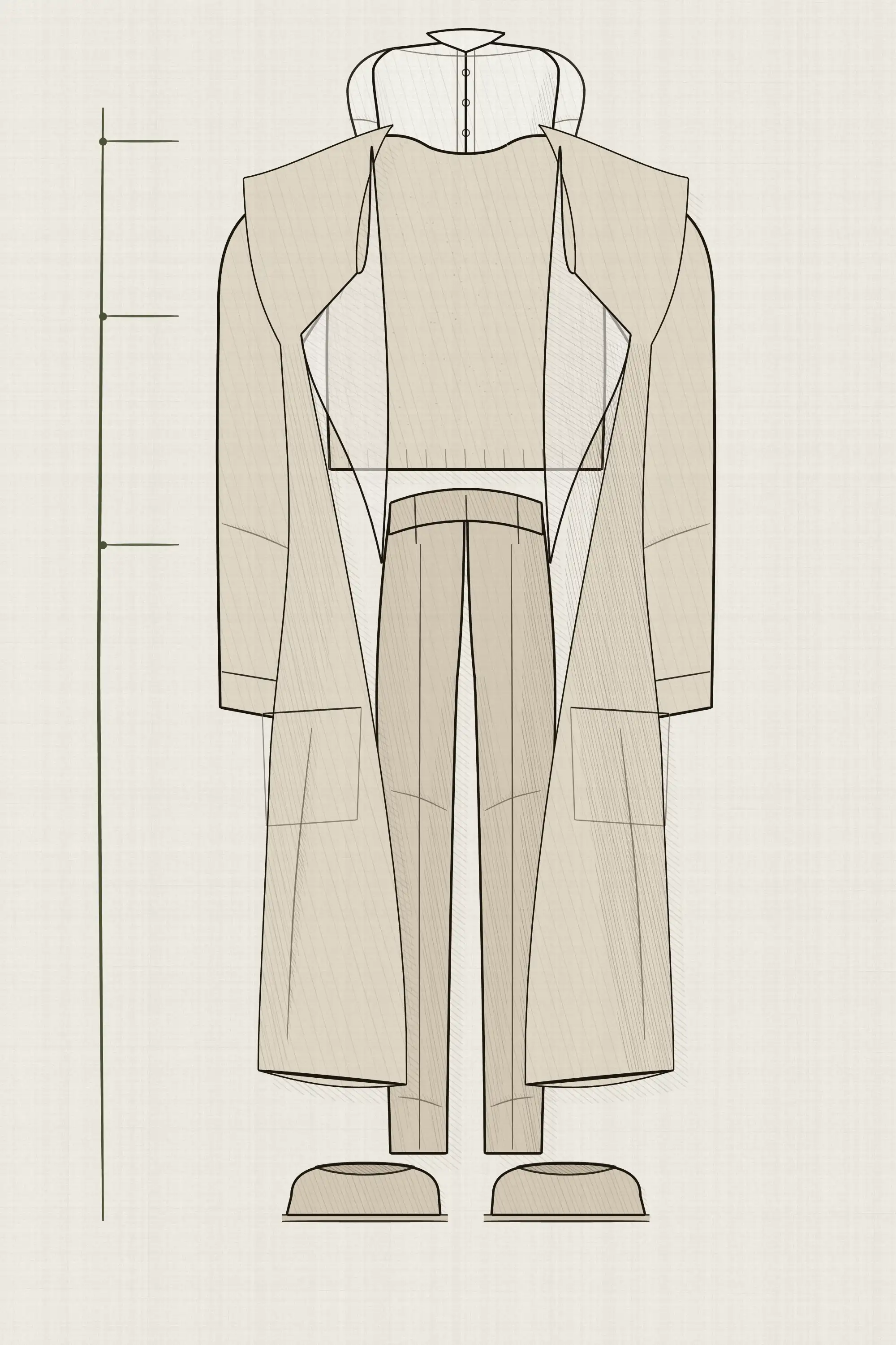 Five pieces in three tones stacked as one column, a shirt and knit under an open coat over straight trousers and a flat loafer, with a single unbroken vertical marking where each tone begins.