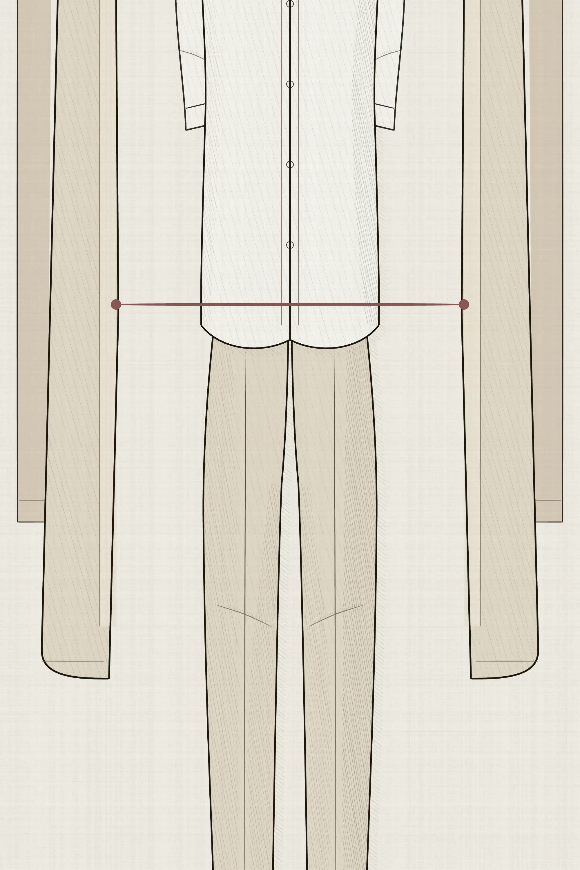 A shirt tucked into the high waistband of a wide trouser, framed by an open cardigan, with the waistband drawn as the strongest horizontal line in the outfit.