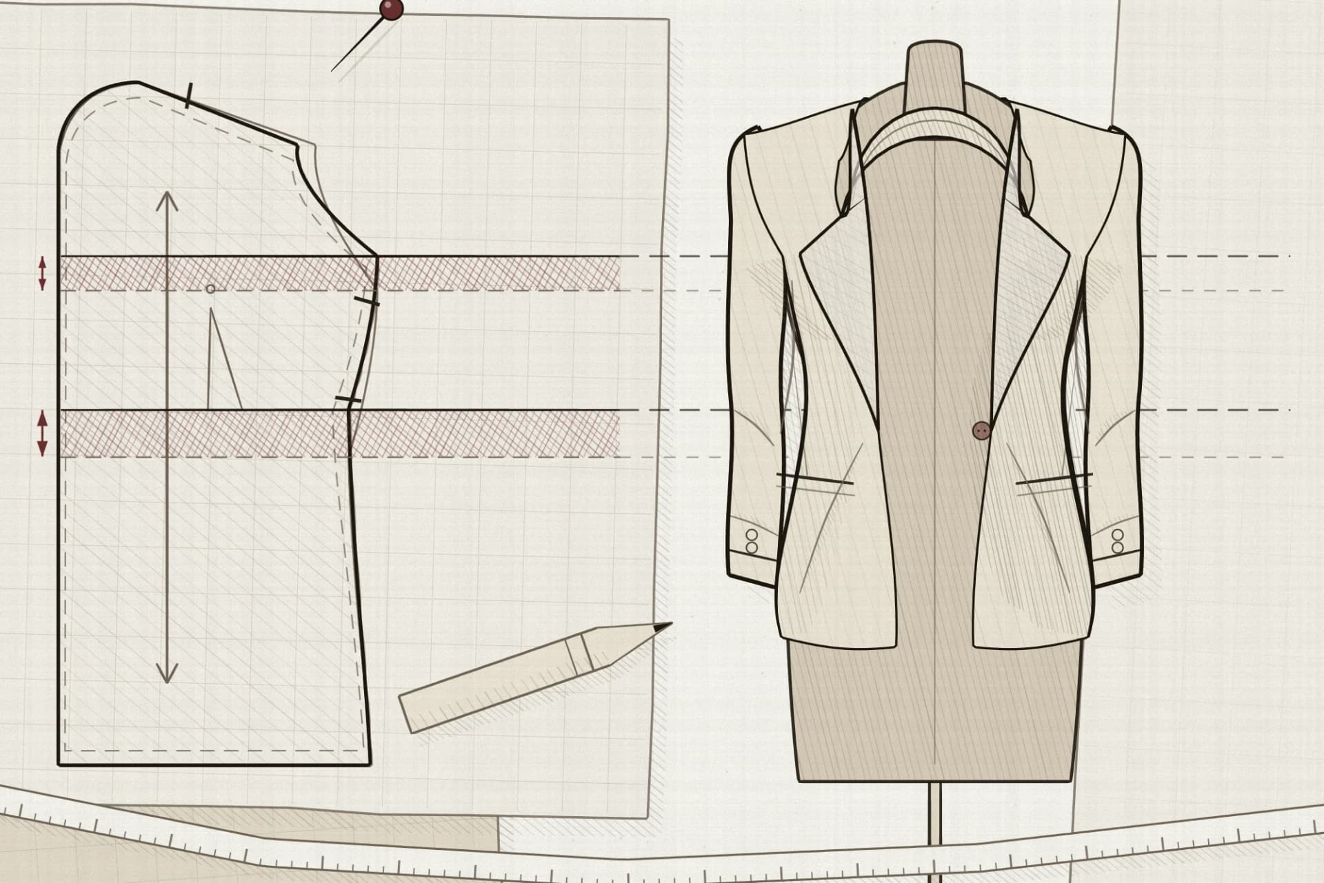 A tailored jacket on a dress stand beside a drafting table, where the petite jacket front pattern is drawn over the standard block it departs from. The armhole and waist heights where the two drafts differ are shaded, and the same heights are ruled across to the jacket. A pencil rests on the pattern paper and a tape measure lies across the foreground.