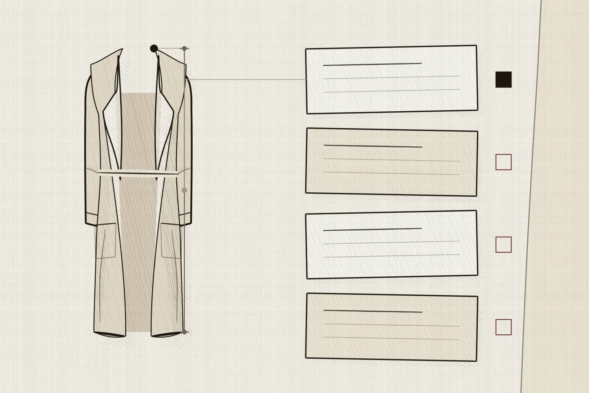 A single coat drawn in outline beside four ruled cards stacked in a column. One measured line runs down beside the coat from a filled square at the side neck point to the coat’s own hem, joined to the top card by a hairline. The remaining three cards each carry an open dashed square instead of a filled one. No measurement is drawn on the sleeve or across the shoulder, no figure or body appears, and no line runs beneath or between the coat and the cards.