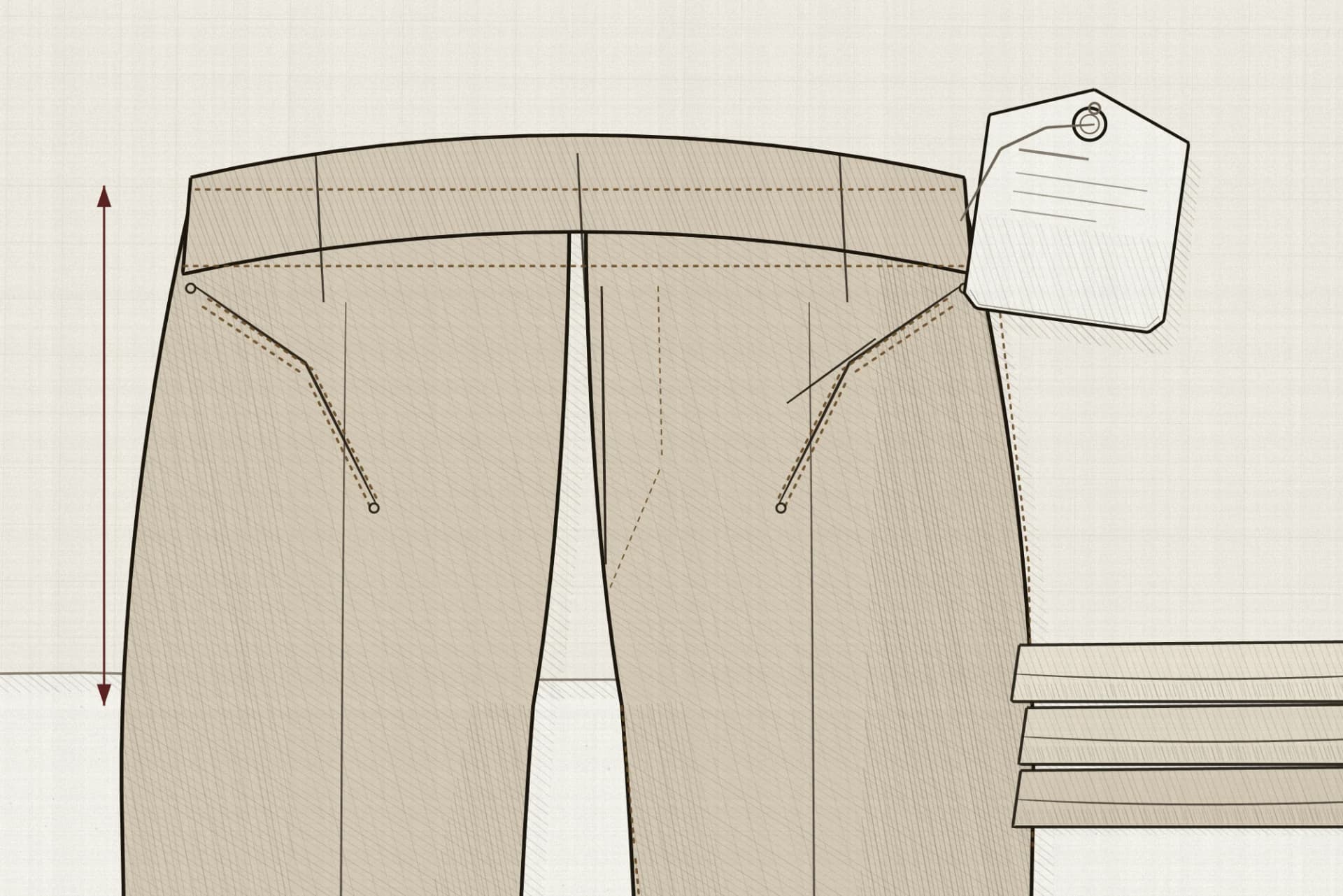 A close view of the top of a pair of jeans showing the fly, curved front pockets, rivets, belt loops and two rows of topstitching over a diagonal twill, with the rise measured on the garment and a blank swing tag hanging from the waistband.