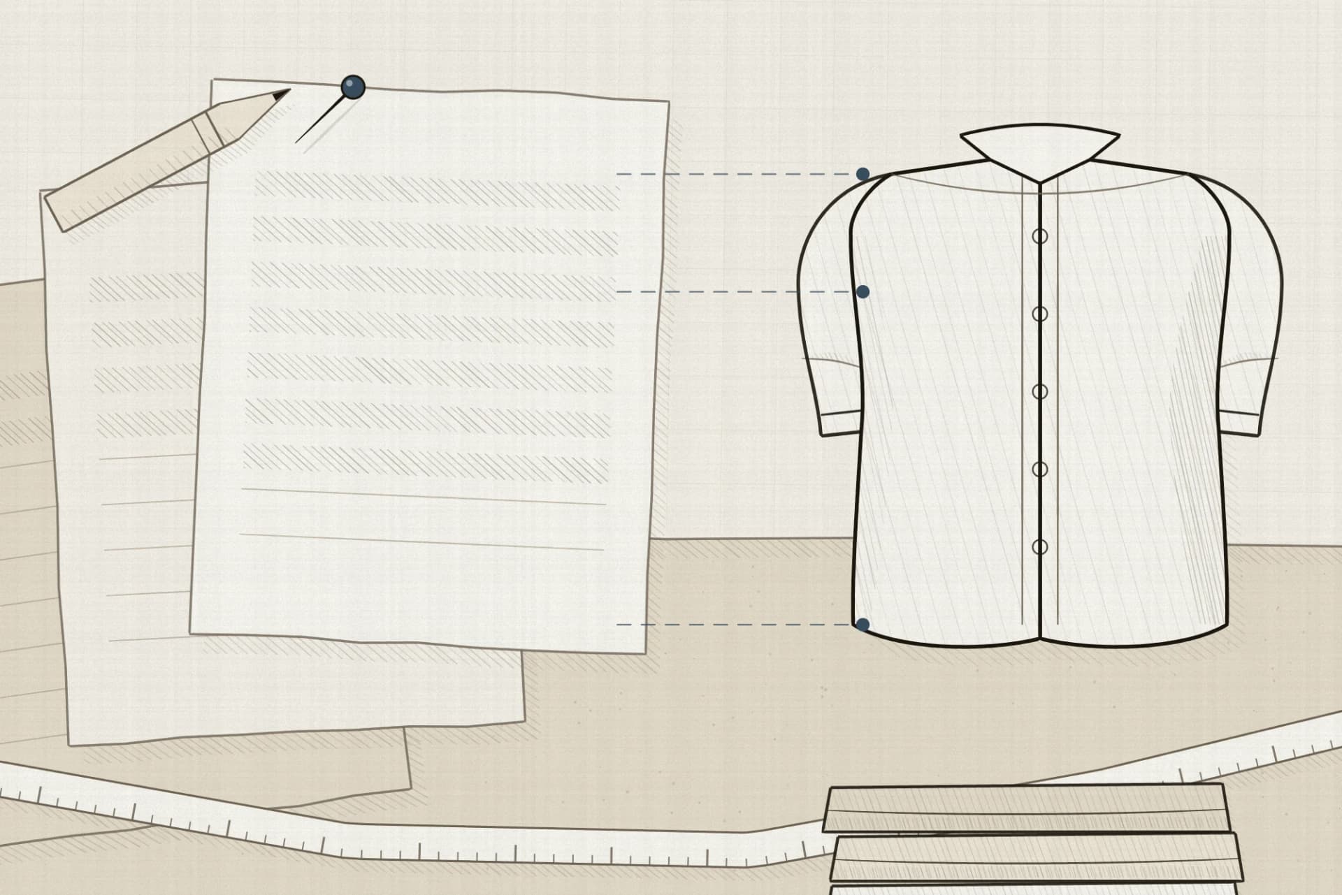 A research table where three sheets of published measurement fan out beside a shirt, with the rows that carry a figure shaded and the rest left blank, and fine leaders running from the fullest sheet to the points on the garment it describes.