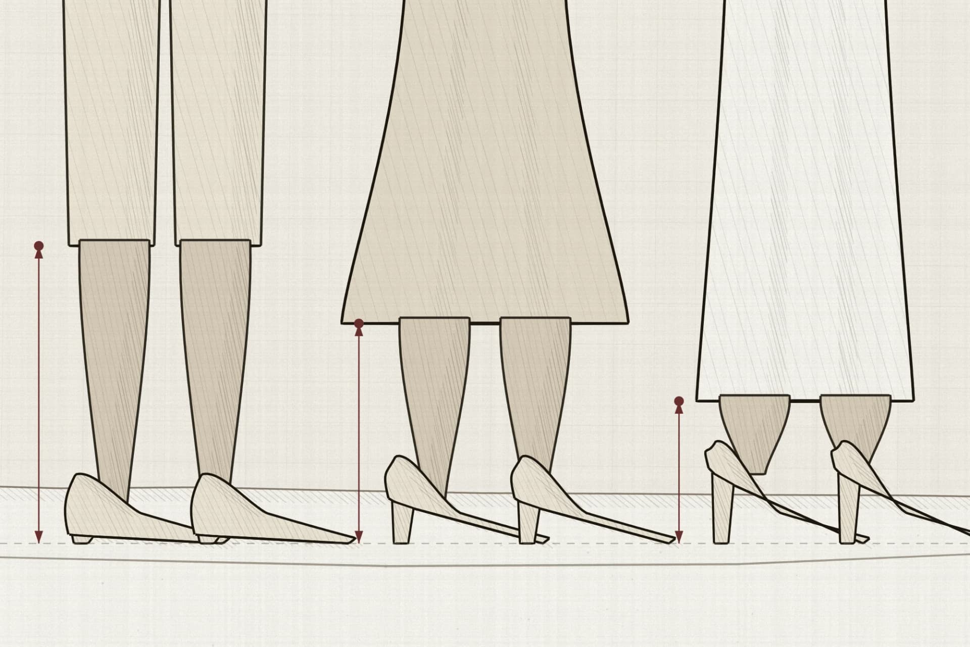 Three lower-body studies side by side, a trouser, a skirt and a dress, each ending at a different height above a different heel, with every hem measured down to a shared floor line.