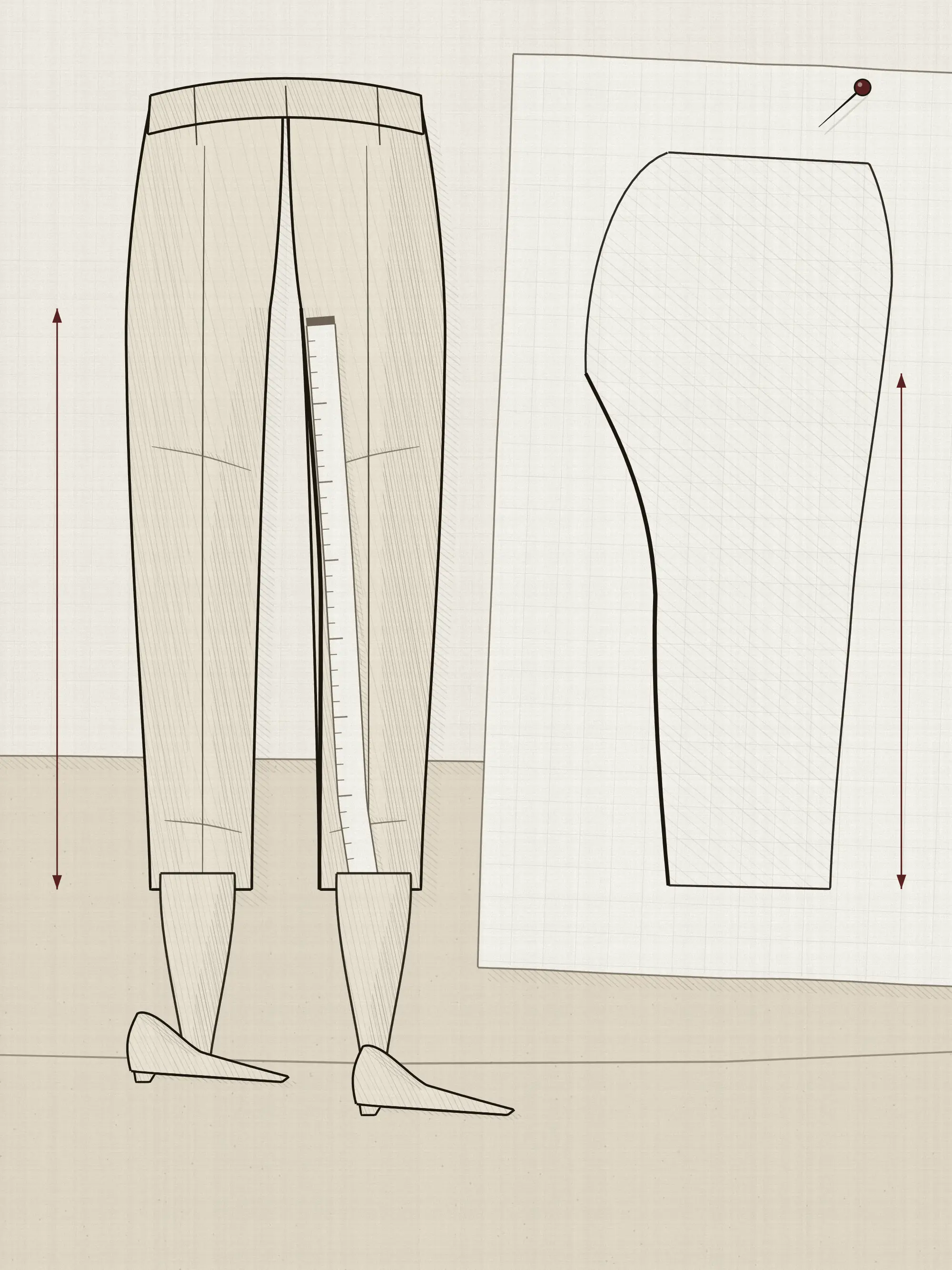 A made-up trouser beside the pattern piece it was drafted from, the inside leg drawn as the heaviest line on both, with a tape laid along that seam and the same length measured on cloth and on paper.