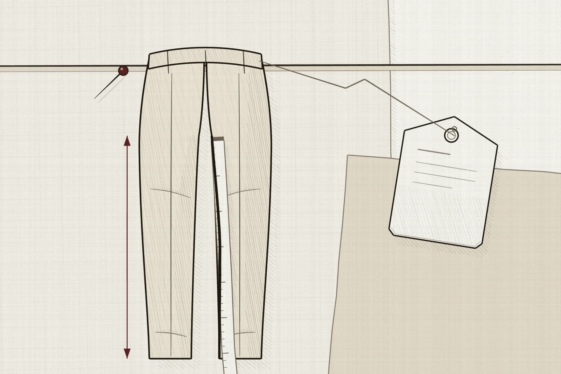 A pair of tailored trousers hanging on a rail, with the inside leg drawn as the heaviest line on the page and a tape measure laid along that seam, running off the bottom of the frame. A blank swing tag hangs from the waistband on a knotted string.