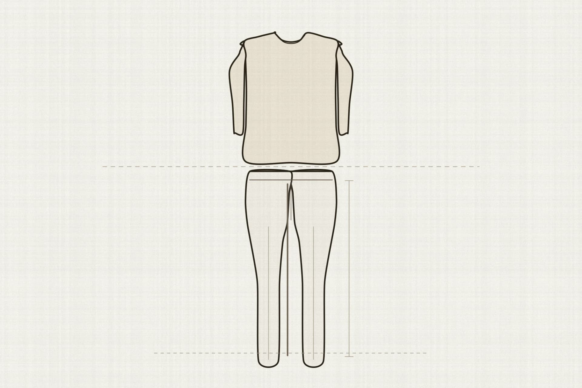 An outfit divided by one horizontal rule at the waist. The knit above the line is drawn plain, while the trouser below it carries a heavy inside-leg line, a measuring bracket and a dashed hem rule.