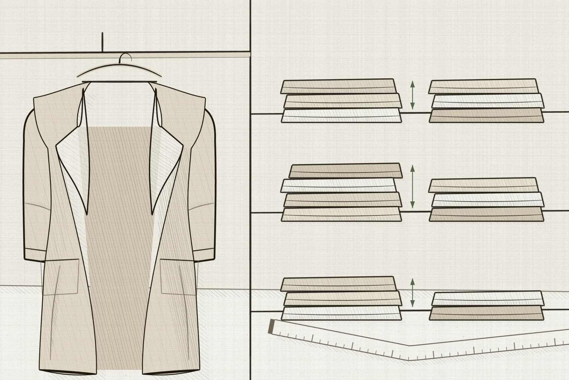 An open wardrobe with a coat hanging at the left and folded knitwear stacked on three shelves at the right, each stack measured for height.