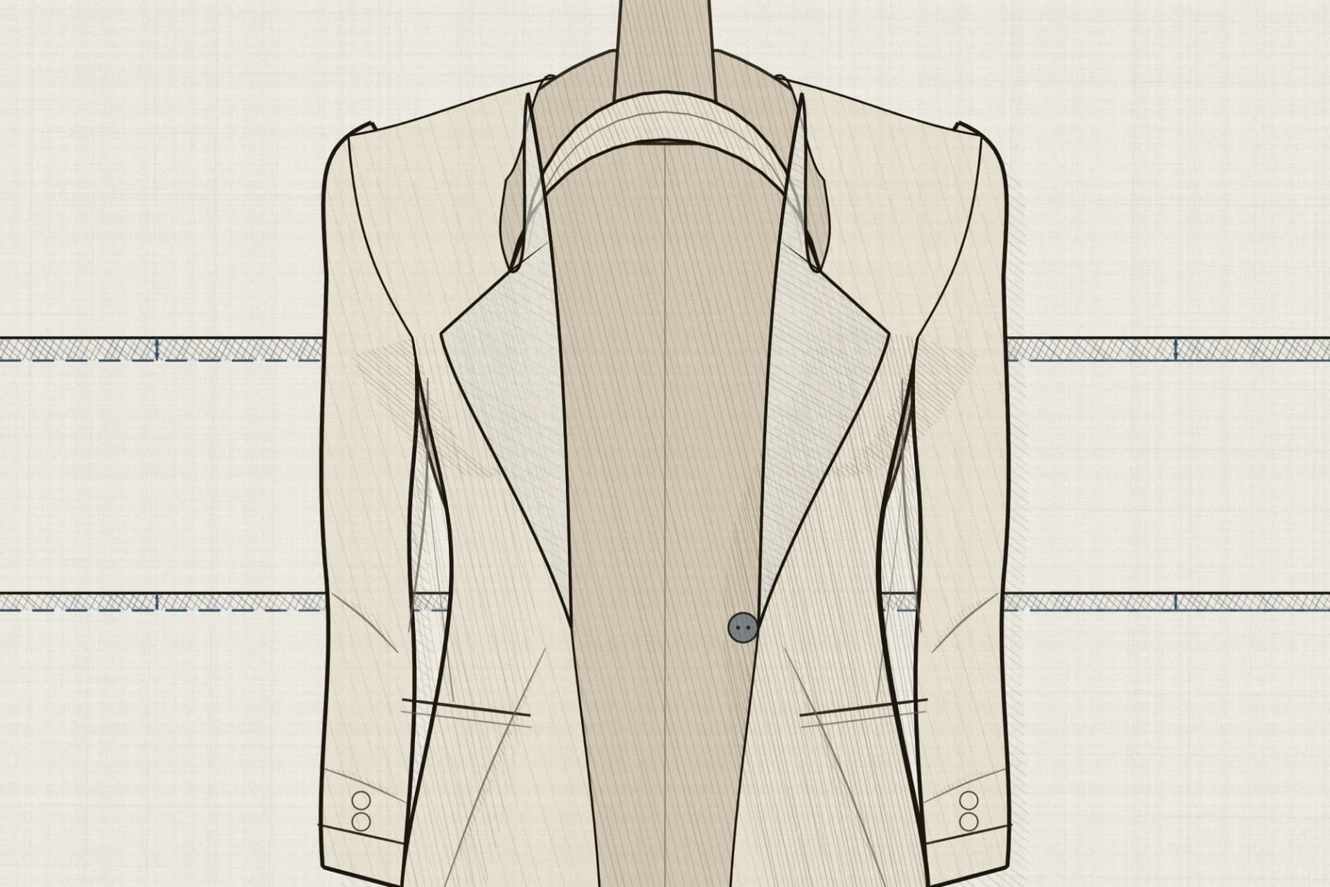 A tailored jacket on a dress stand with two pairs of ruled lines across it. A solid line marks where a redrafted block places the armhole and the waist; a dashed line marks where a uniformly graded pattern places them. The gap between each pair is shaded and closed by a measurement mark.