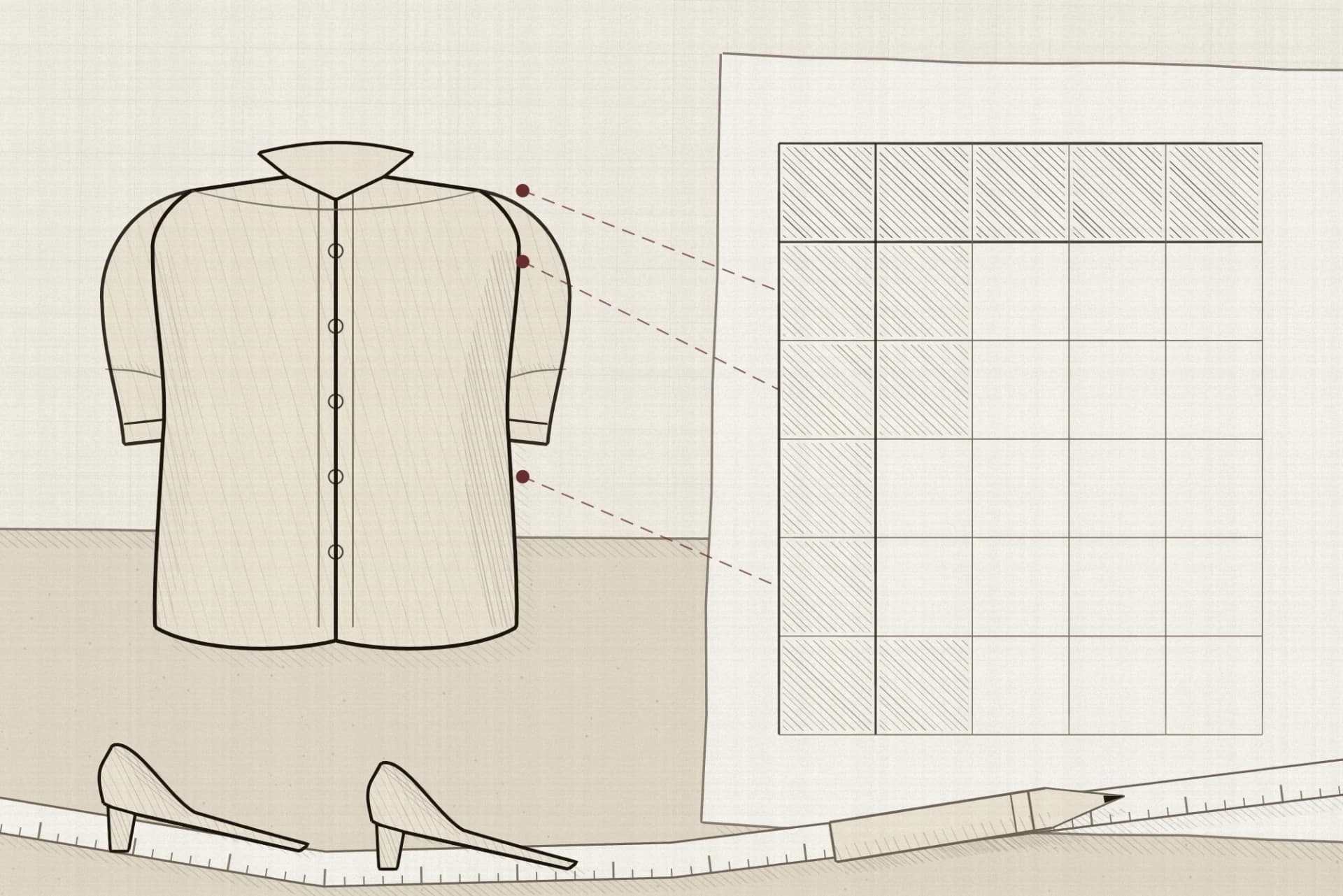 An overhead flat lay of a shirt beside a measurement grid that is complete along its header and stub and largely empty inside, with fine leaders joining points on the cloth to the rows that should hold their figures.