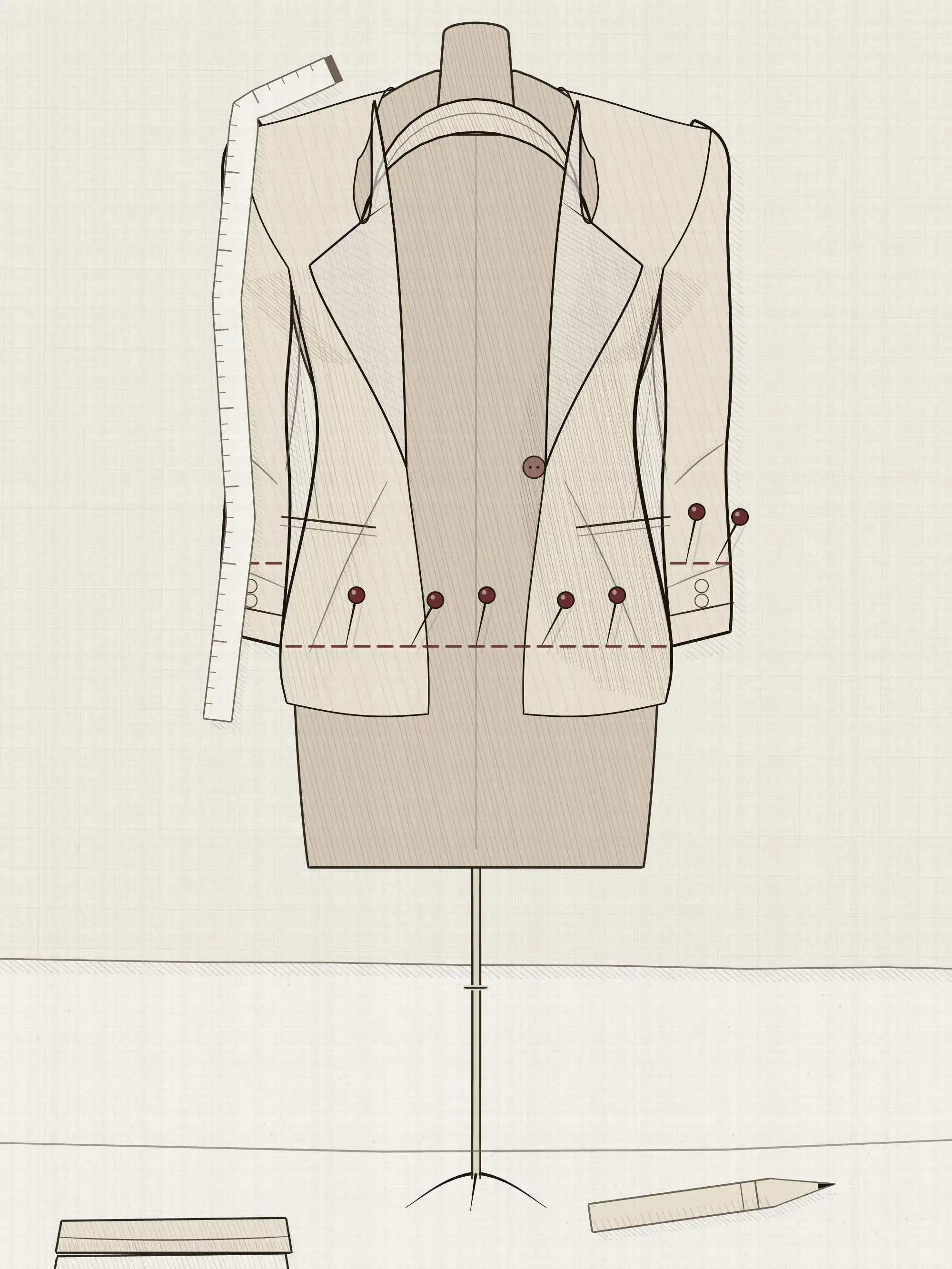 A tailored jacket on a stand part way through an alteration, with chalk lines and pins set where the sleeves and hem are to come up and the amount to be taken off the hem measured.