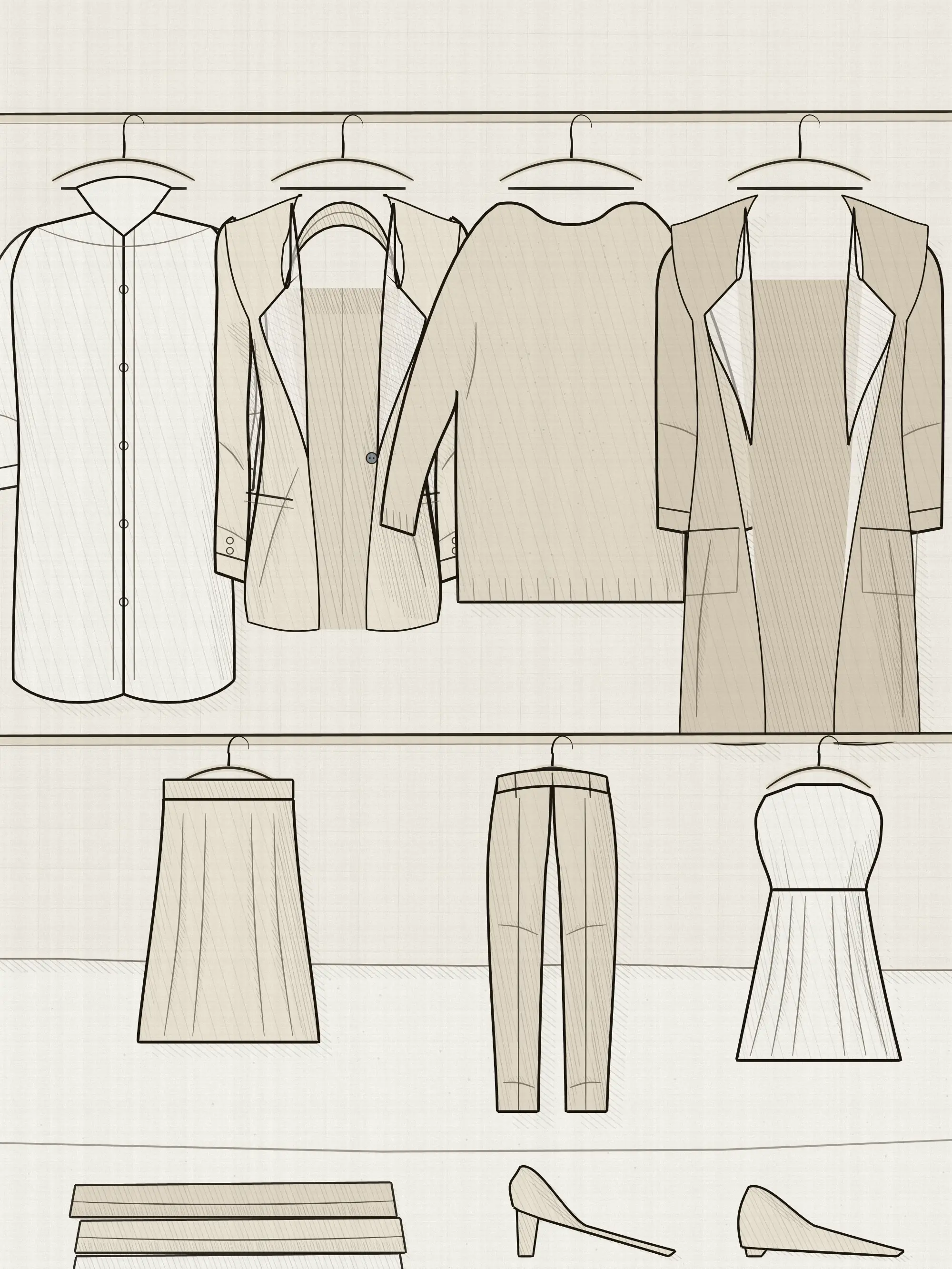 A packed clothes rail carrying a shirt, a tailored jacket, a knit and a coat, with a second rail of skirt, trousers and a dress beneath it and a shelf of folded pieces and shoes below.