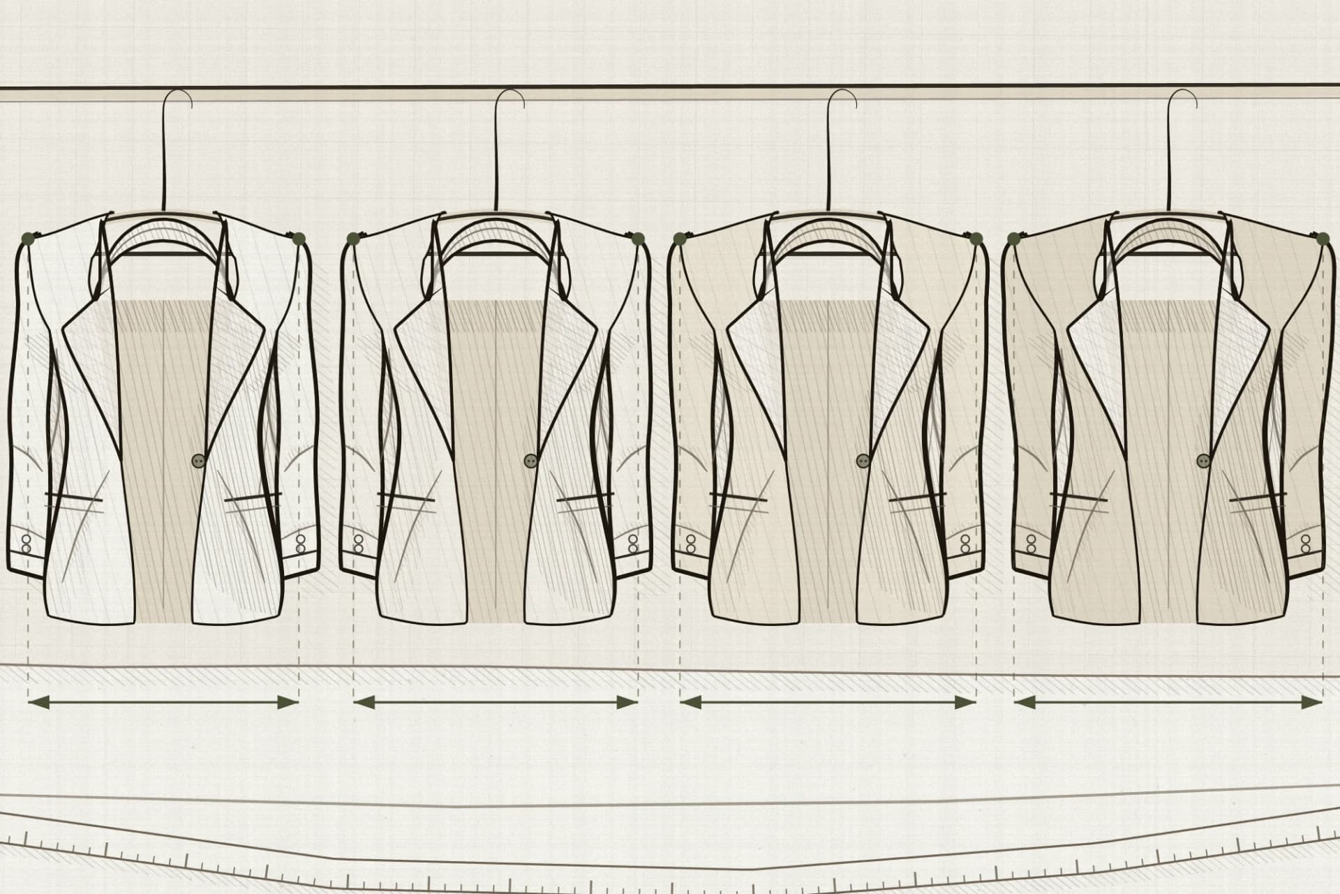 Four tailored jackets hanging in a row on a rail, each cut with a slightly wider shoulder than the last. The shoulder points are marked, and four measurement brackets set at one common height beneath the hems put the four shoulder widths side by side.