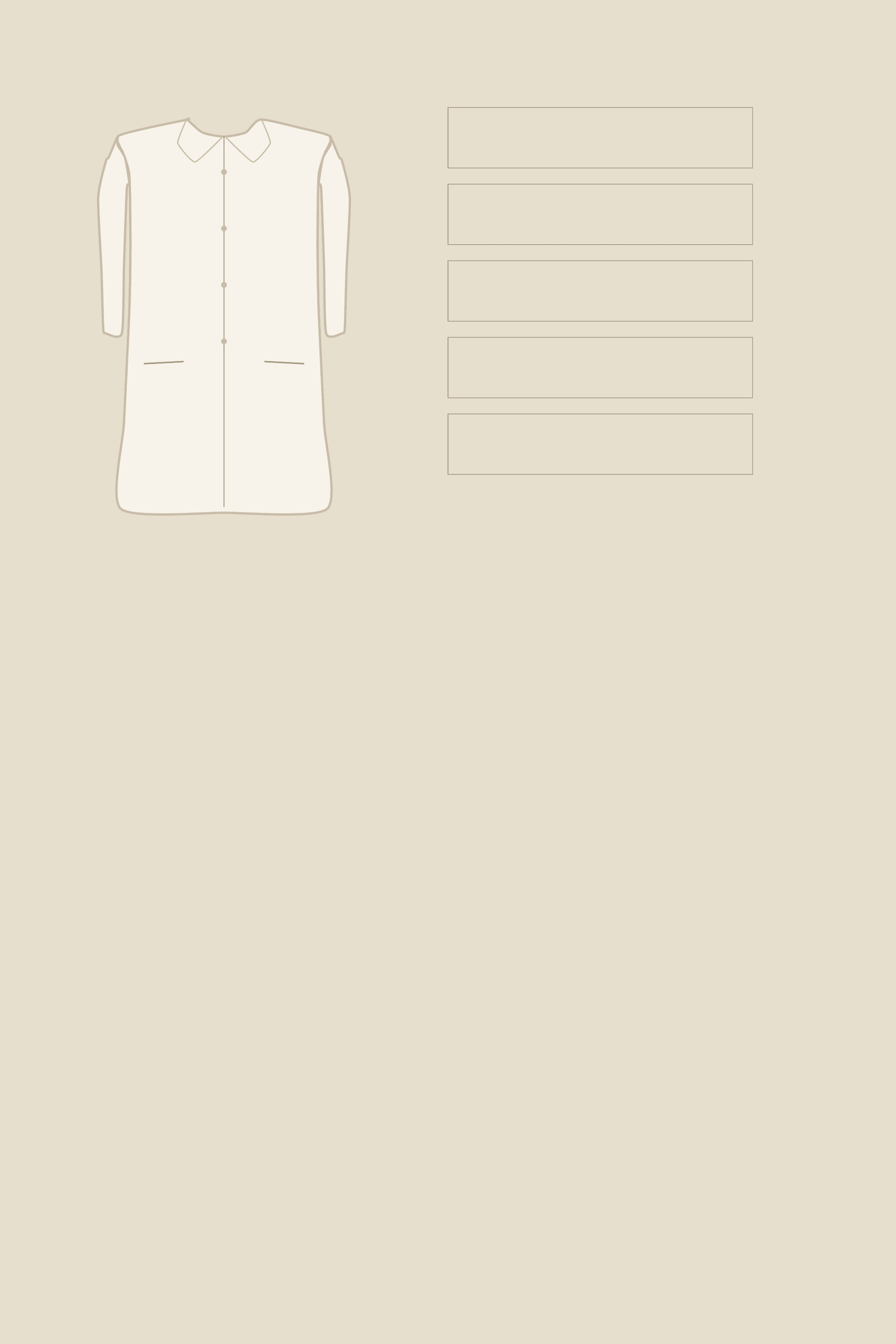 Warm natural illustrated plate with a faint coat outline beside a stack of five small empty cards, with no line joining the coat to any of them.