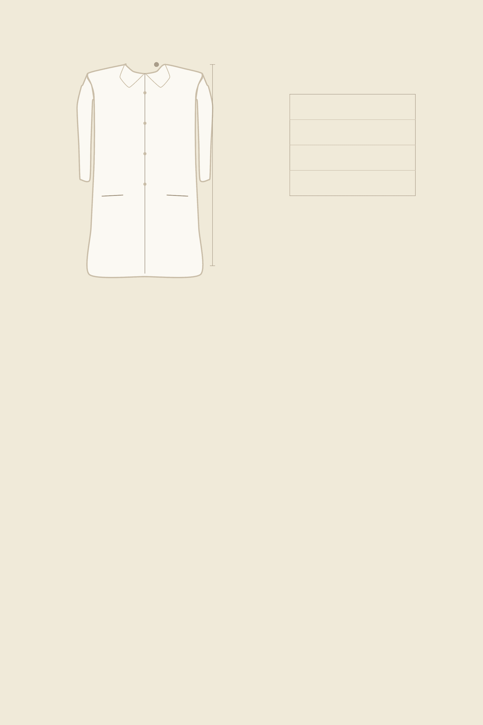 Soft cream illustrated plate with a faint coat outline carrying one small dot at its side neck point and a single measured line running from that dot down to the coat’s hem, beside a small empty card.