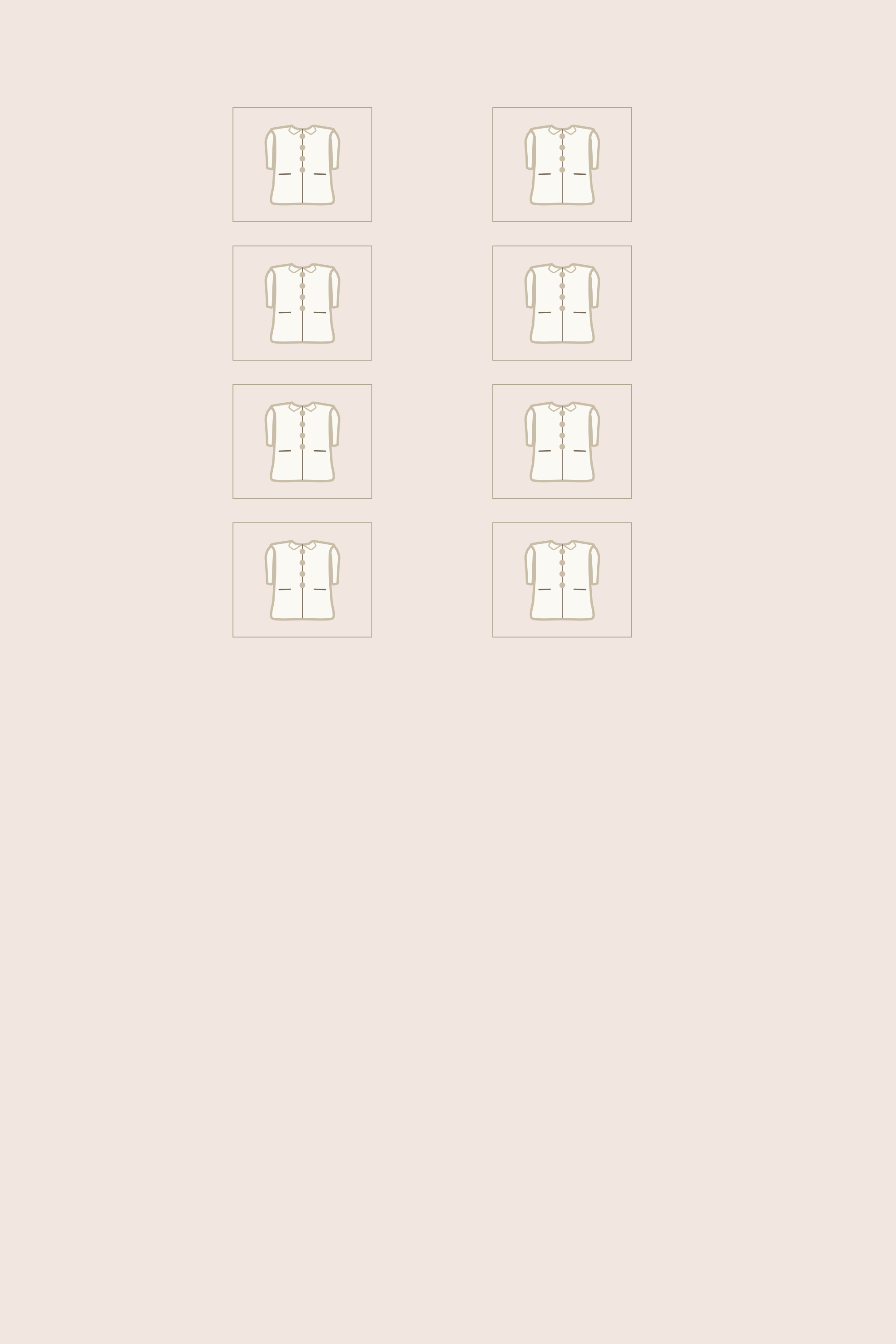 Pale claret illustrated plate with four pair cards, each holding two separate small pages carrying one faint coat outline each, with nothing drawn between the two pages of any pair.