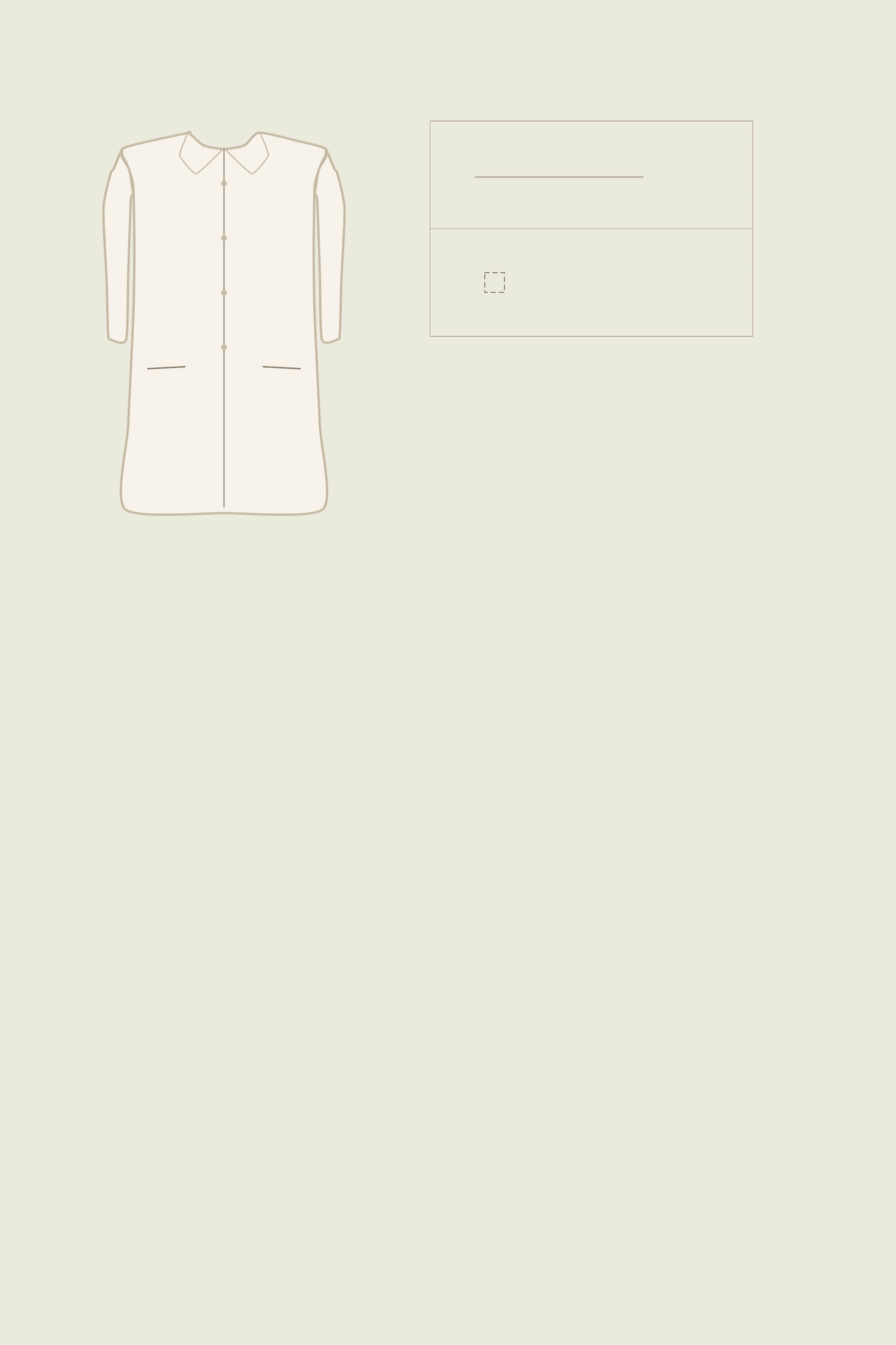 Soft olive illustrated plate with a faint coat outline beside a card whose upper row carries a short tone bar and whose lower row carries an open dashed square, with no measurement drawn on the sleeve.