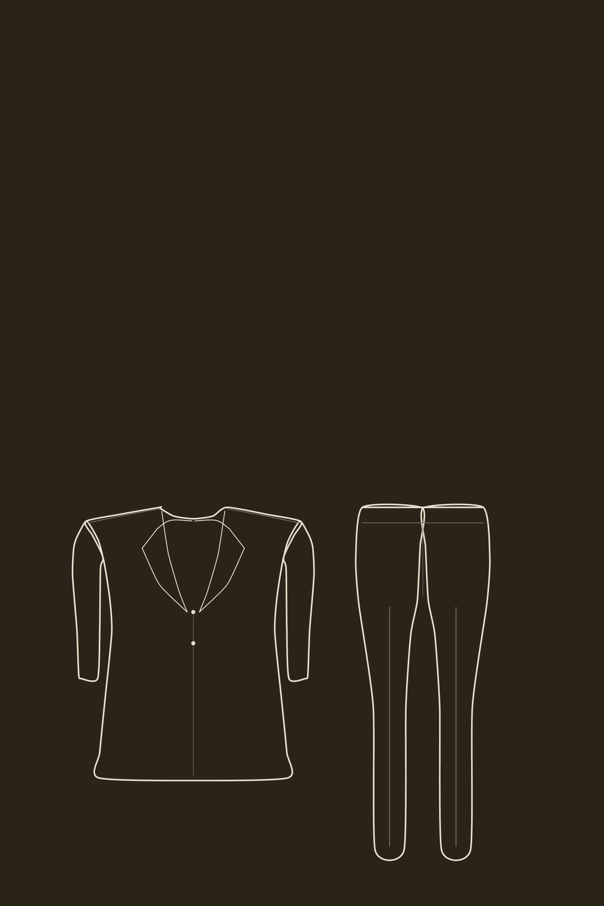Deep espresso illustrated plate with pale outline drawings of a jacket and trousers, used as a Pinterest quote background.